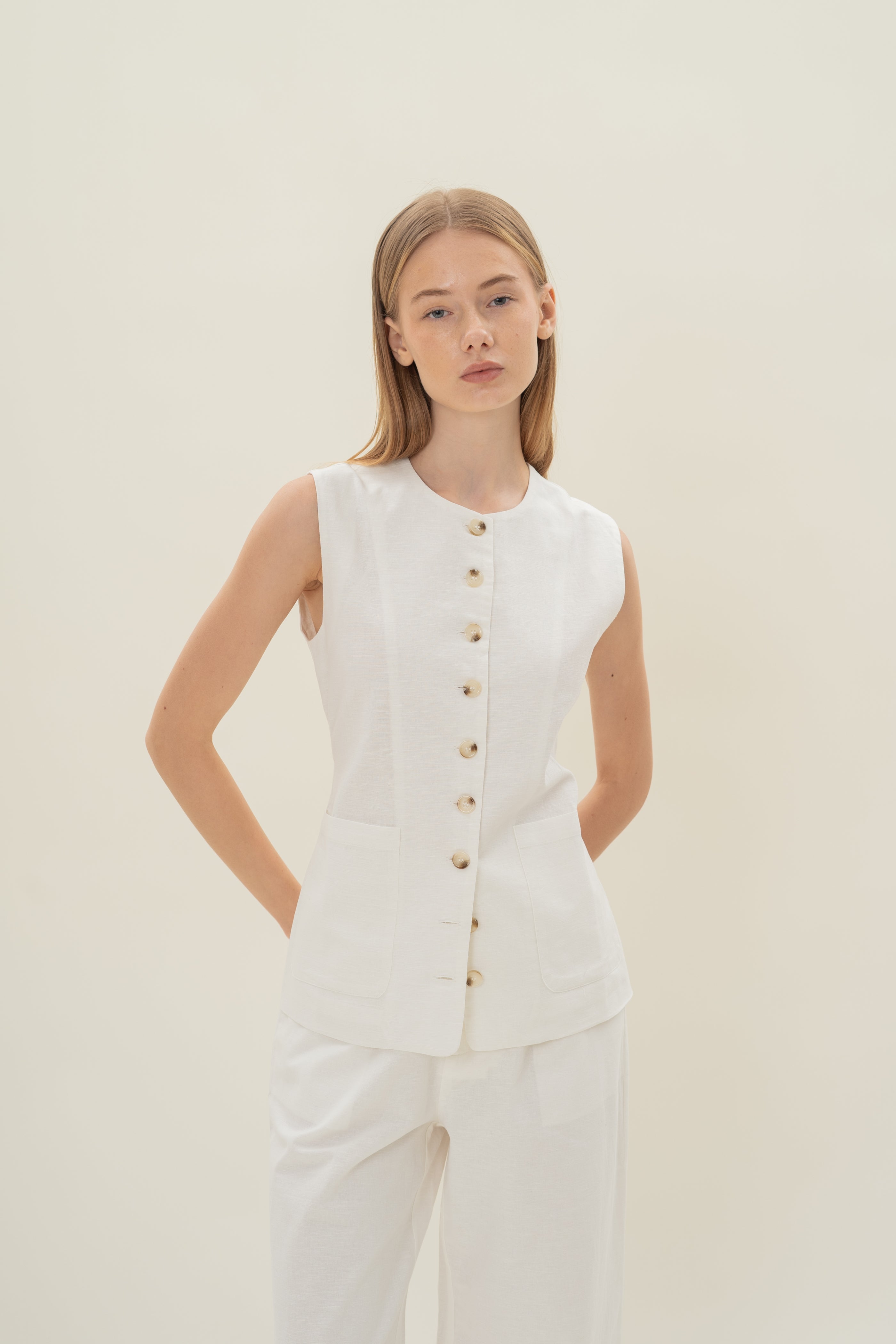 Long Round Neck Waistcoat in White