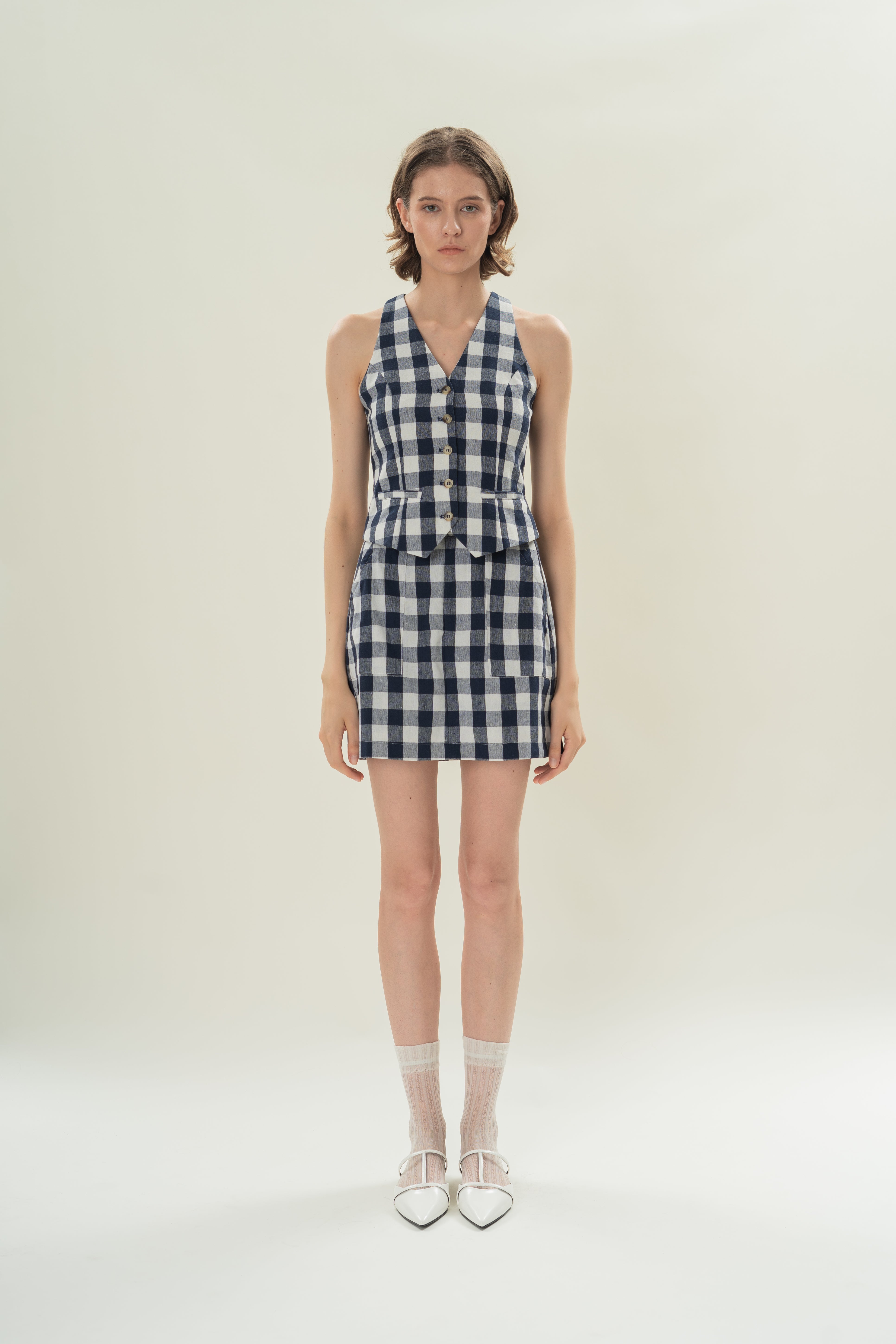 Linen Blend Skort in Navy Gingham