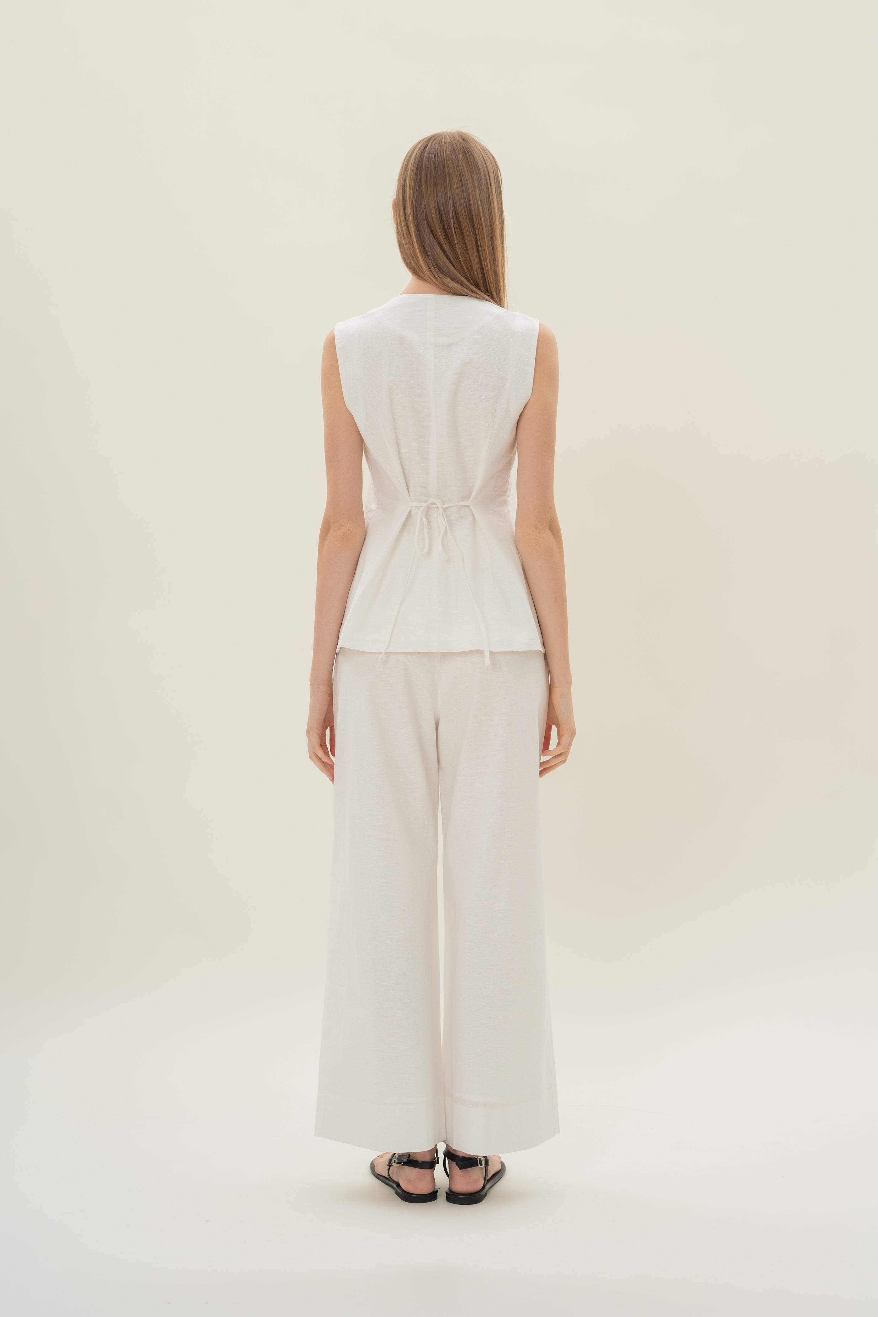 Long Round Neck Waistcoat in White