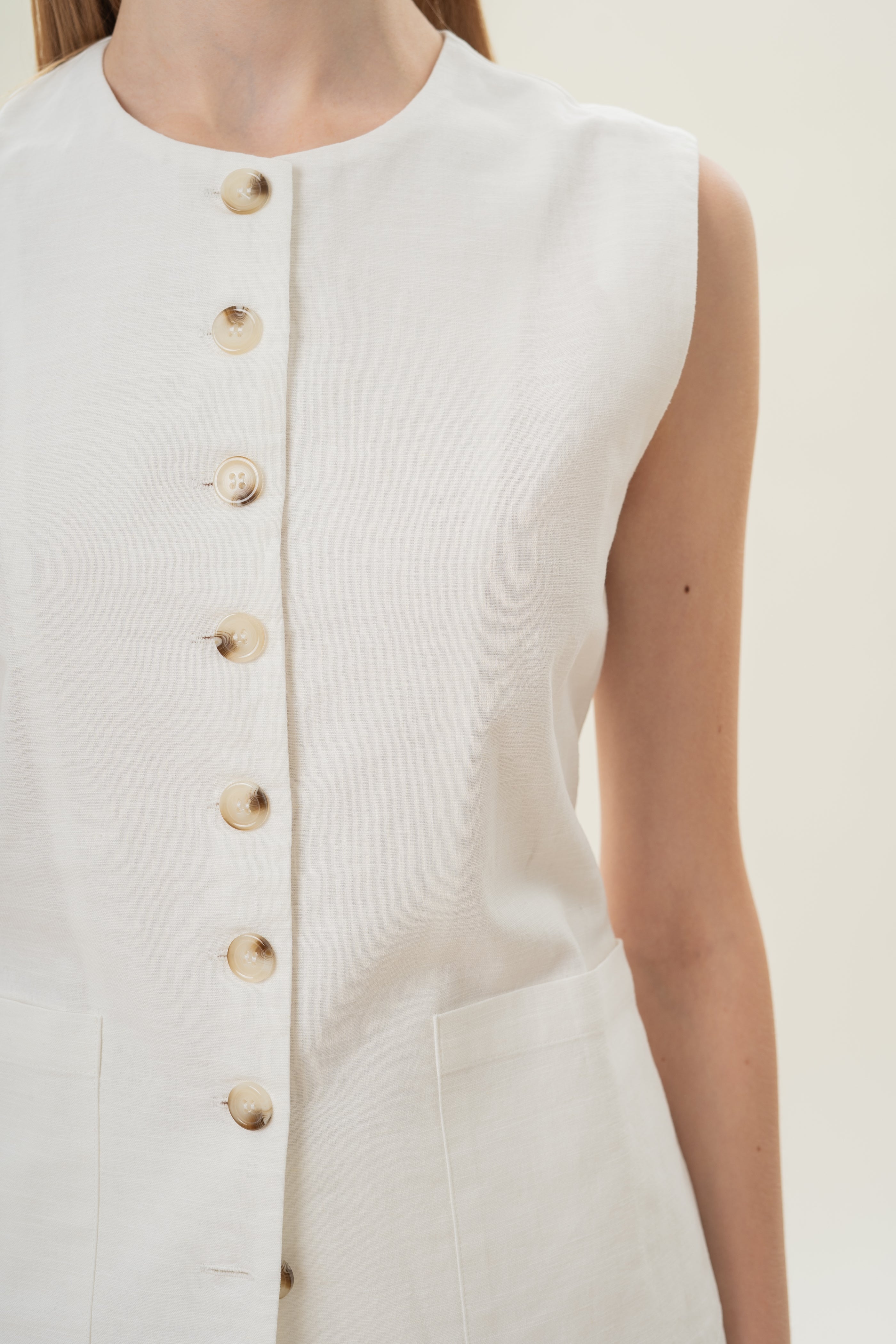 Long Round Neck Waistcoat in White