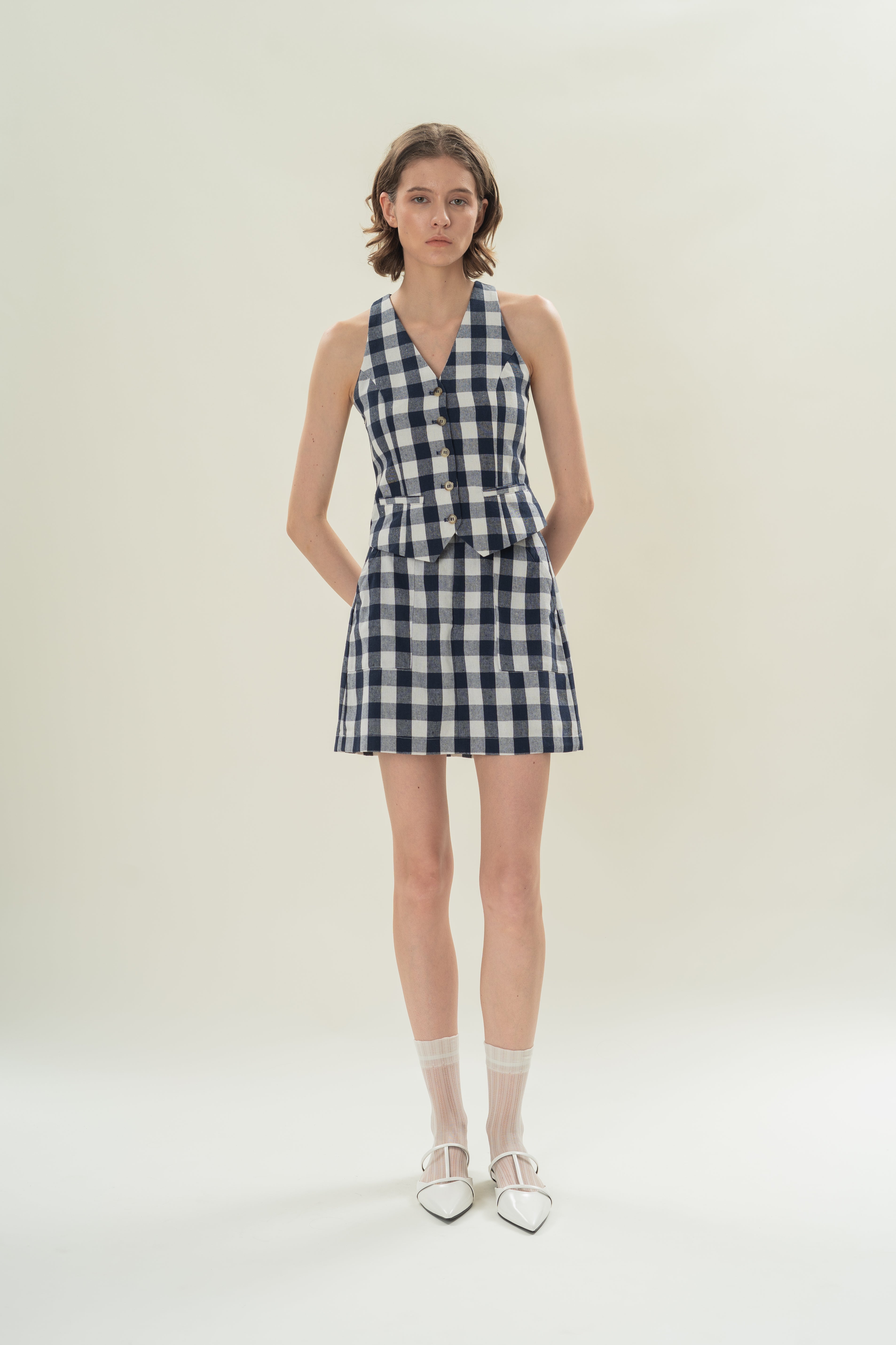 Linen Blend Skort in Navy Gingham