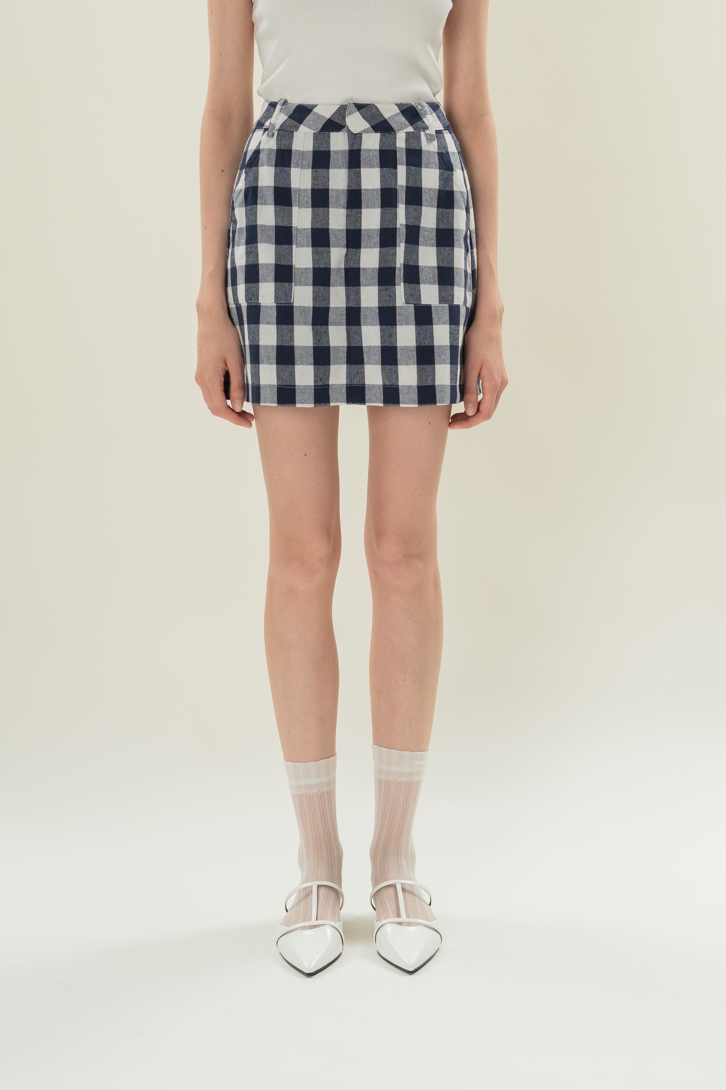 Linen Blend Skort in Navy Gingham