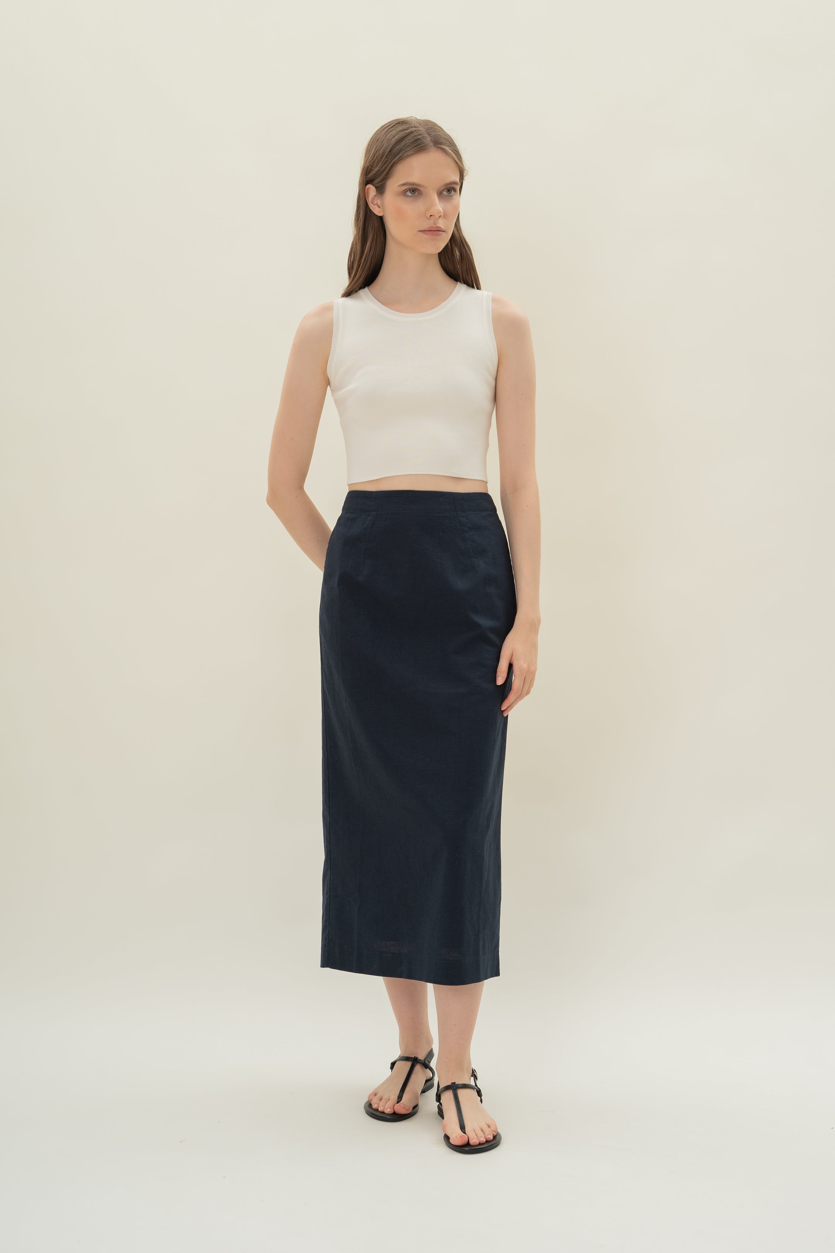 Linen Column Skirt in Midnight