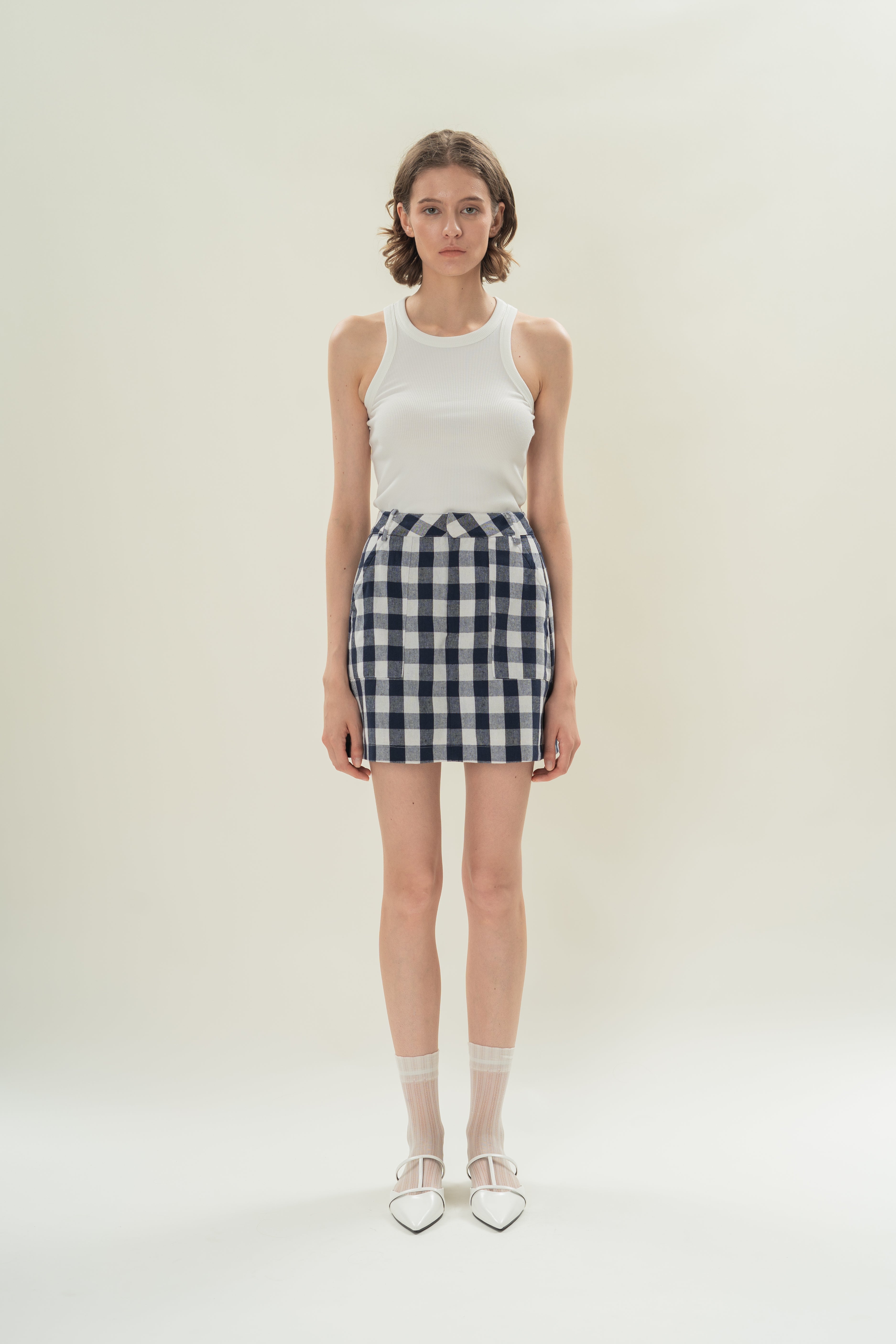 Linen Blend Skort in Navy Gingham