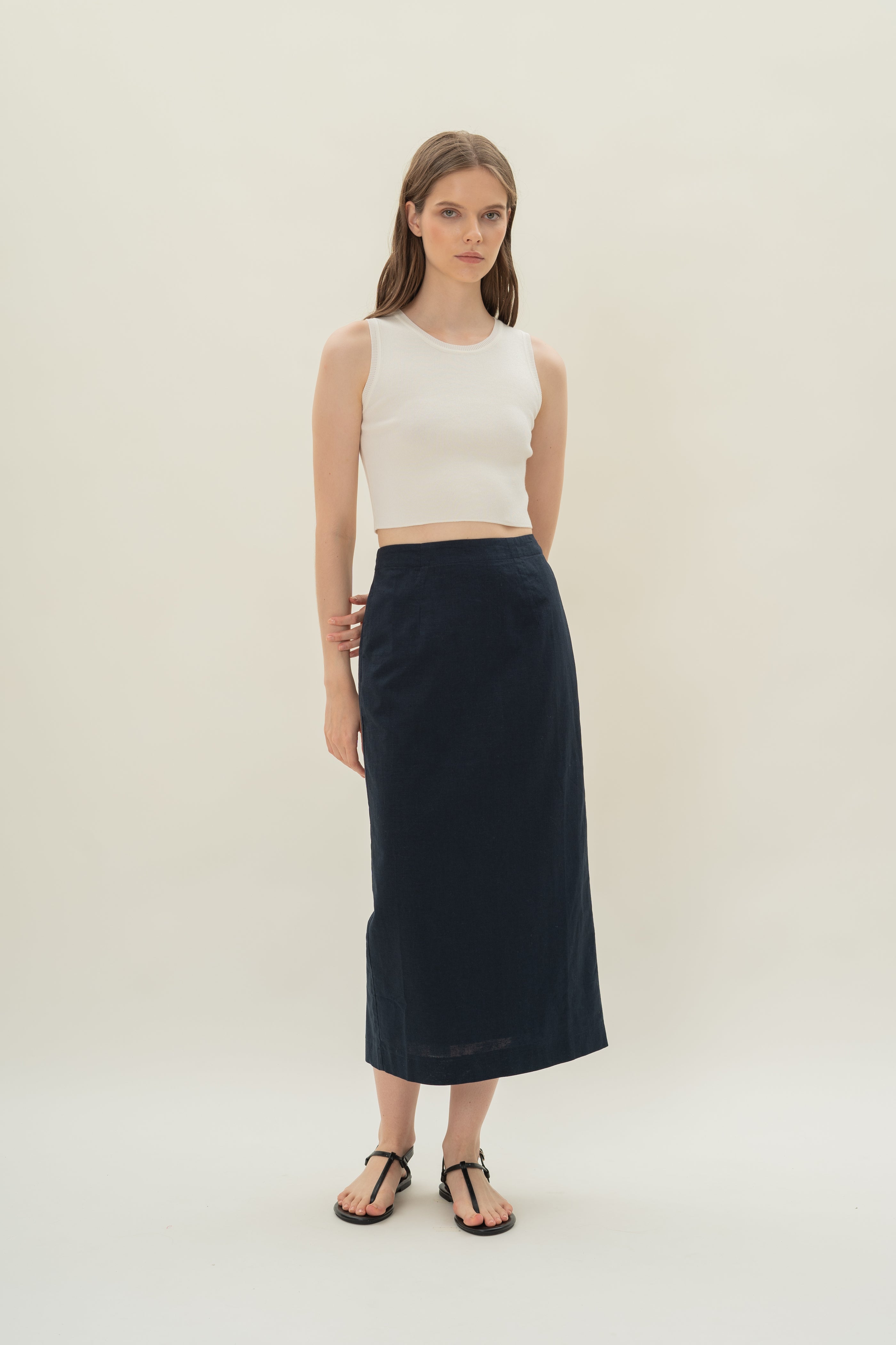 Linen Column Skirt in Midnight