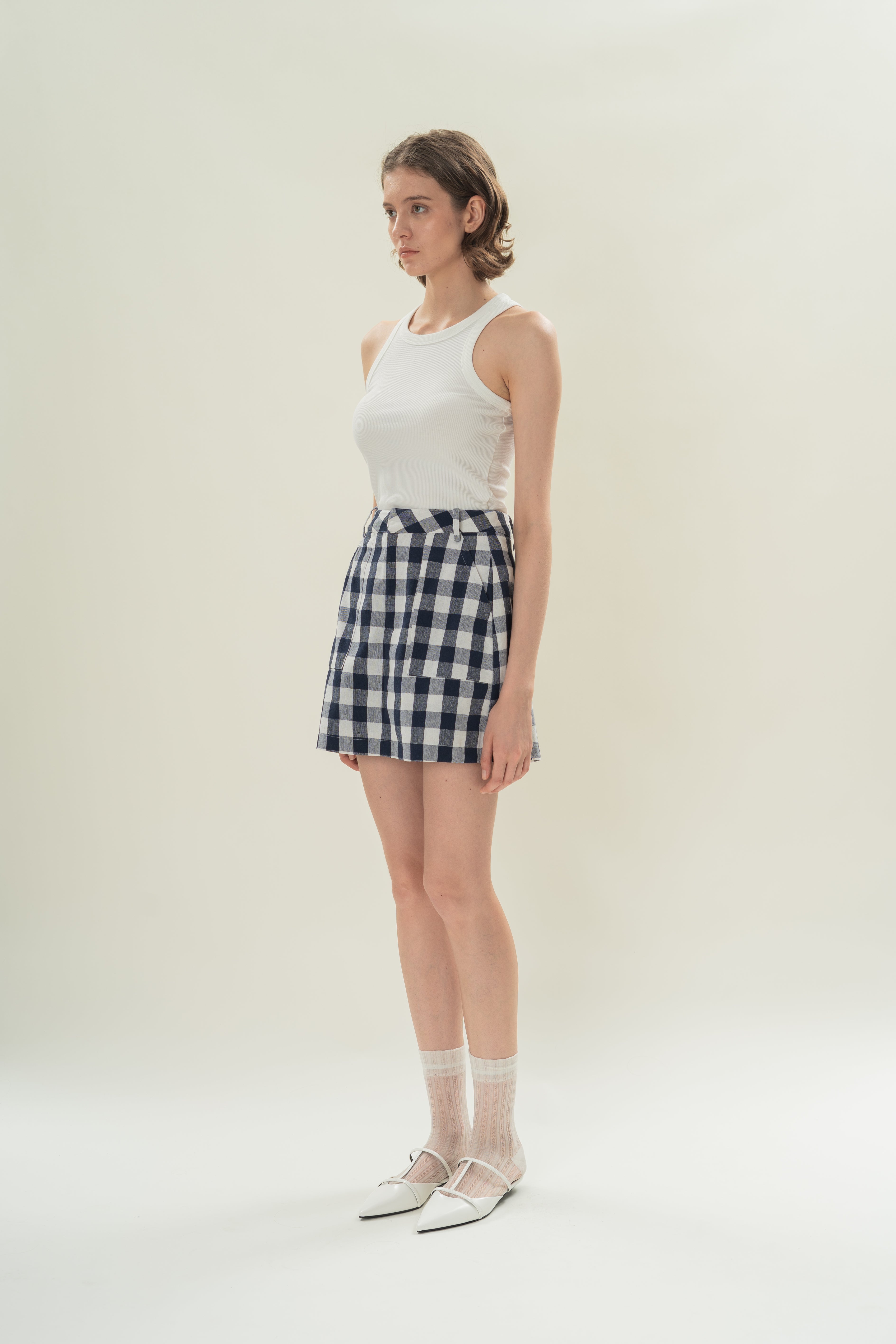 Linen Blend Skort in Navy Gingham