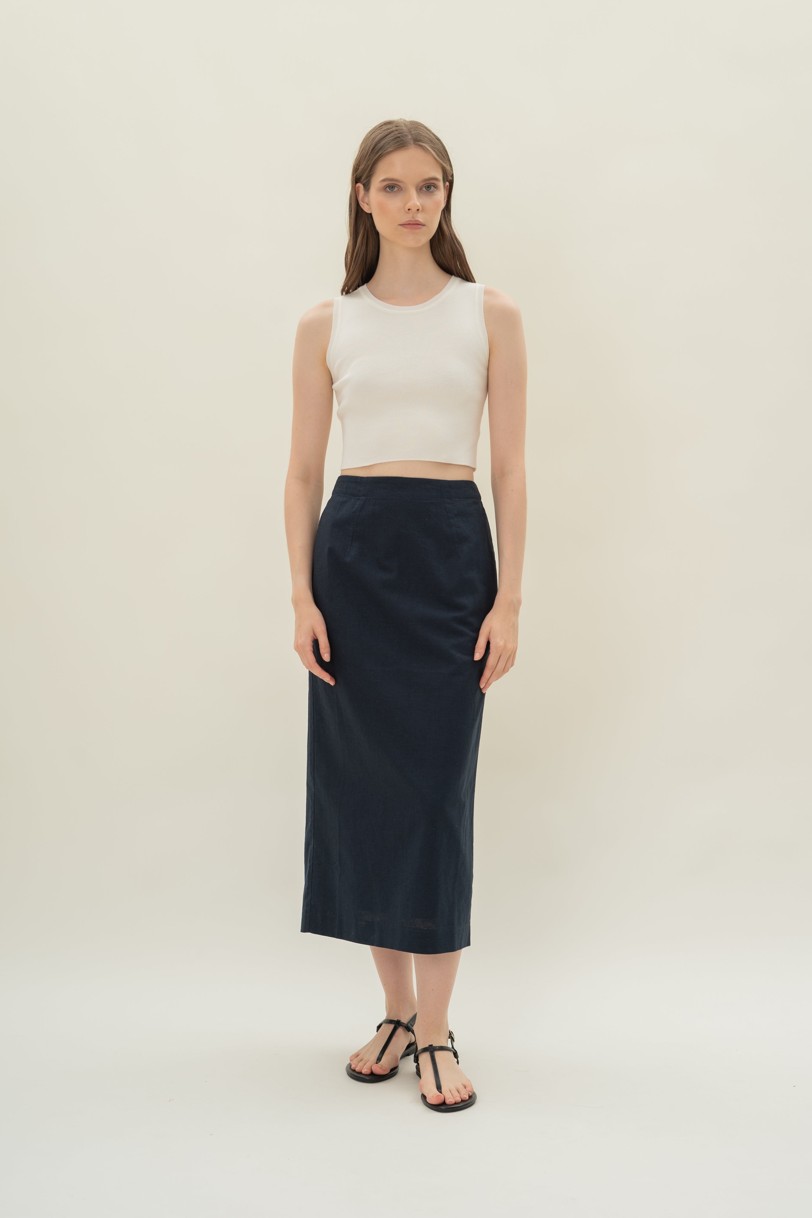 Linen Column Skirt in Midnight