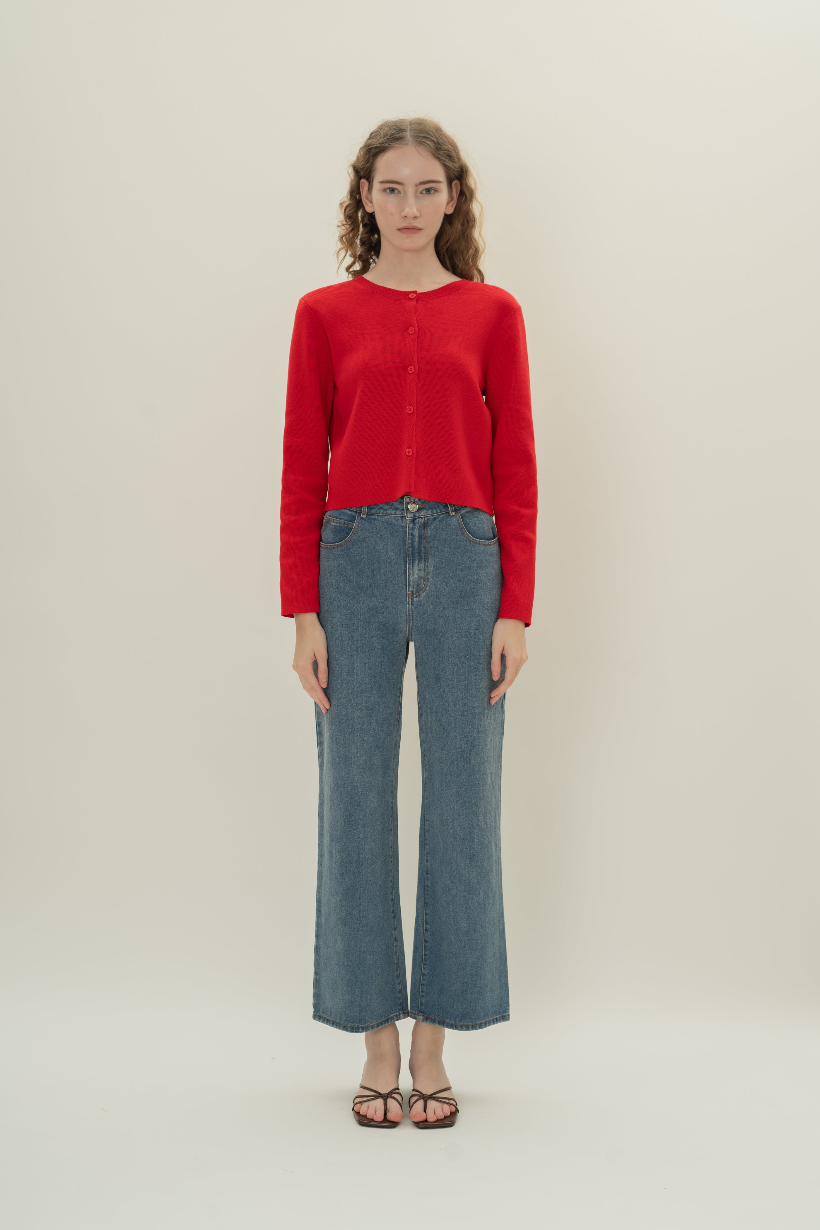 Round-Neck Knitted Cardigan in Scarlet Red