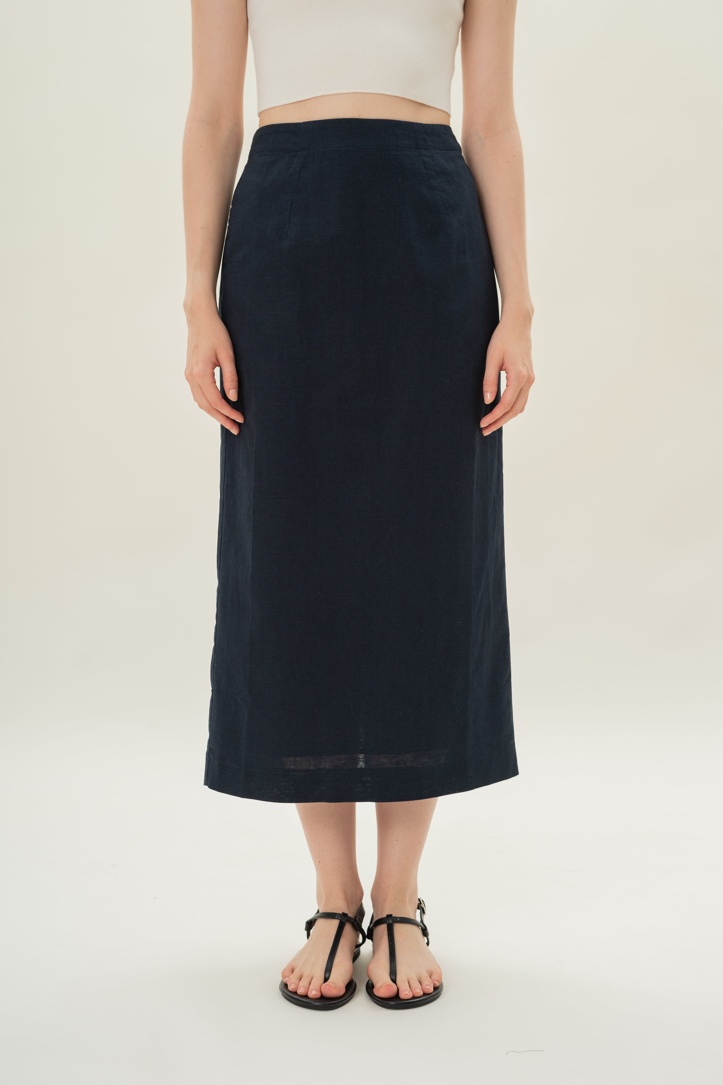 Linen Column Skirt in Midnight