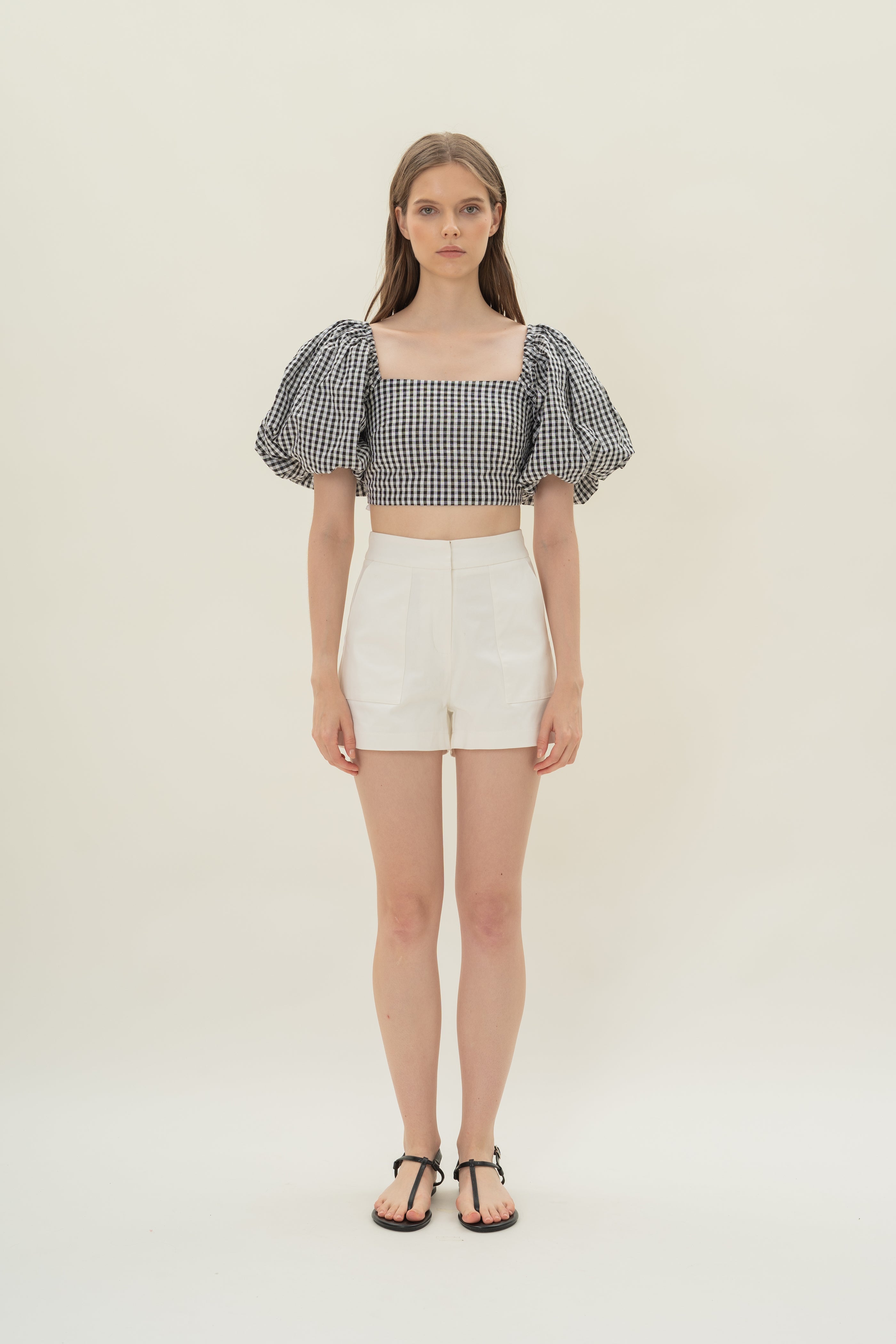 Cotton Puffed Sleeve Padded Top in Black Gingham