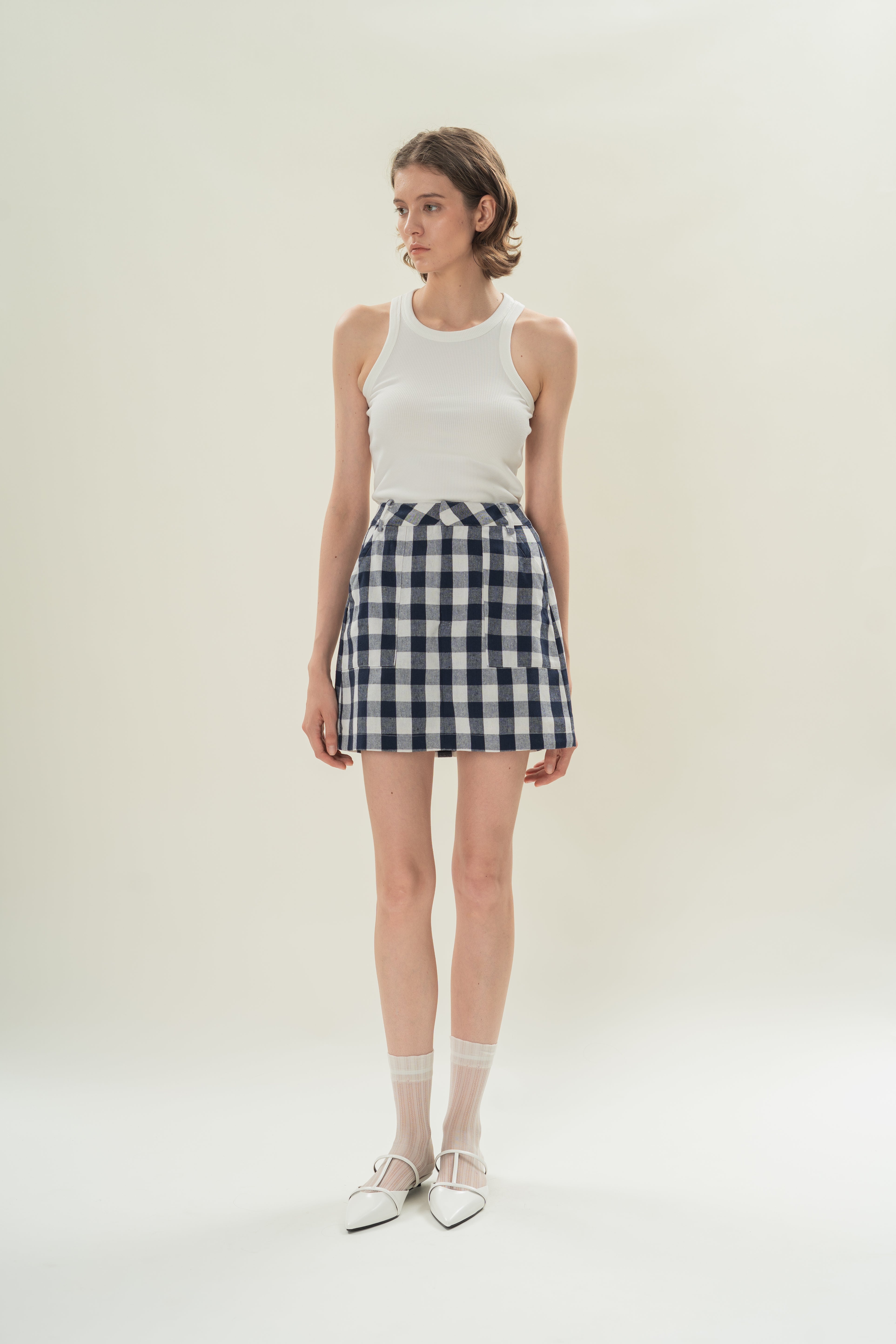 Linen Blend Skort in Navy Gingham