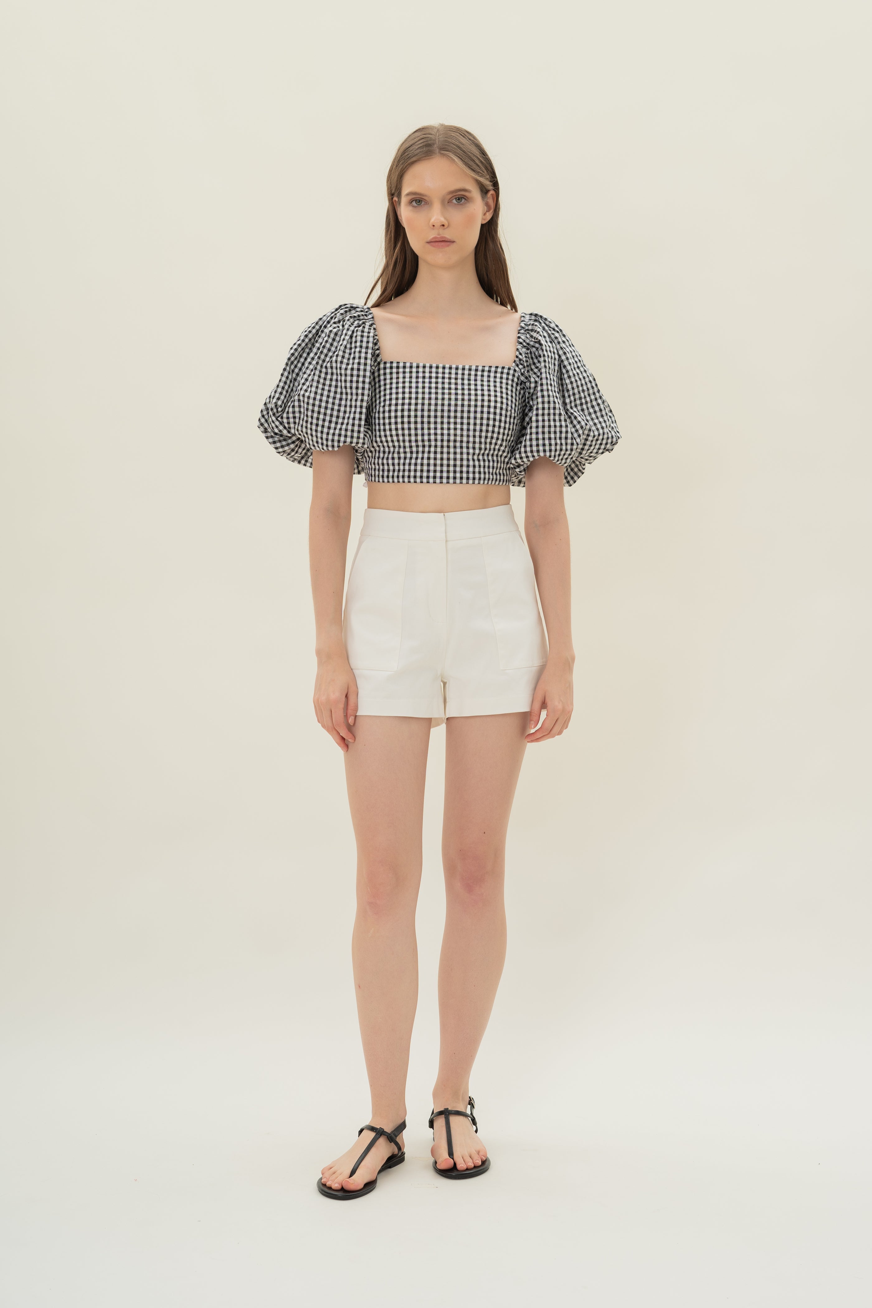 Cotton Puffed Sleeve Padded Top in Black Gingham