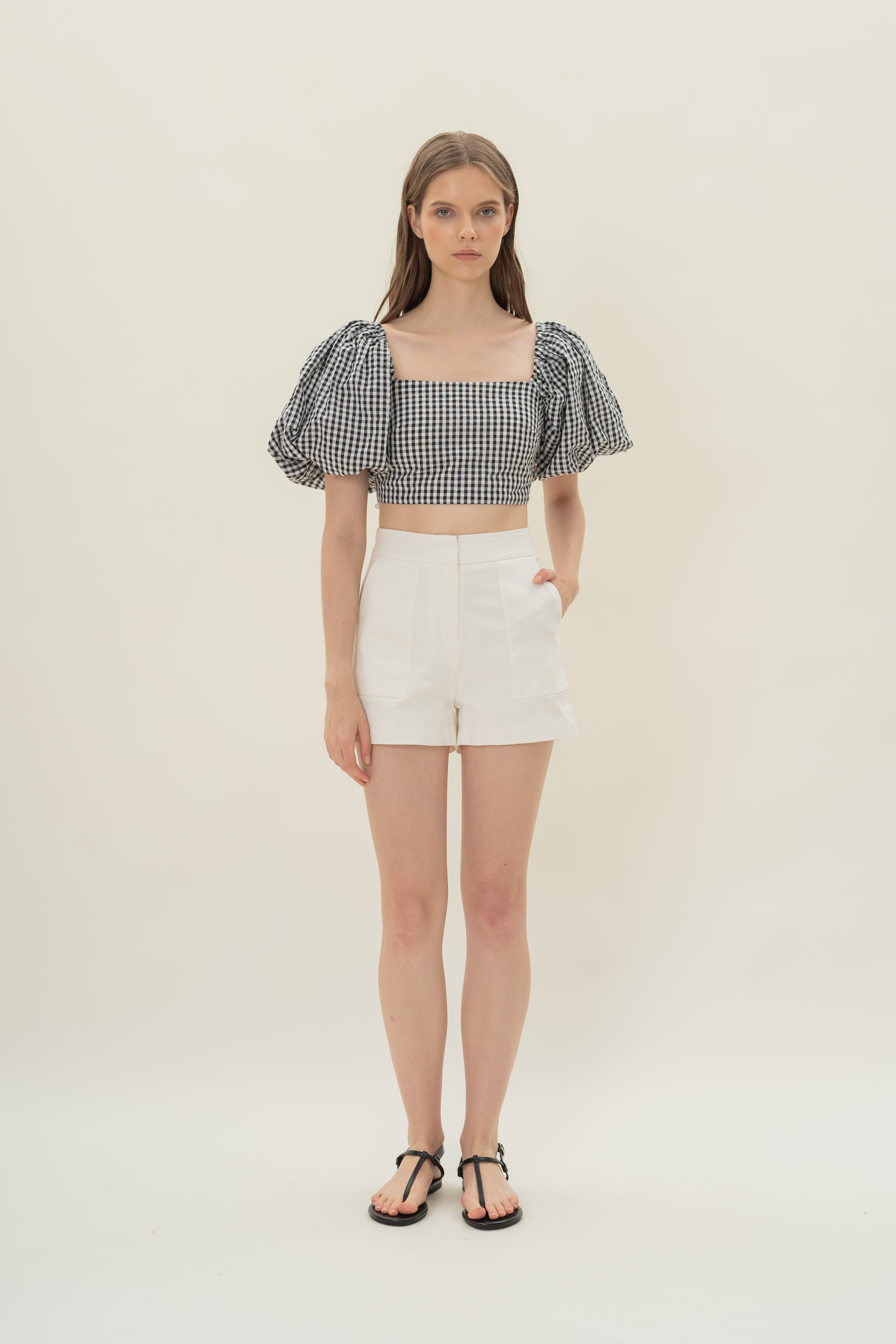Cotton Puffed Sleeve Padded Top in Black Gingham