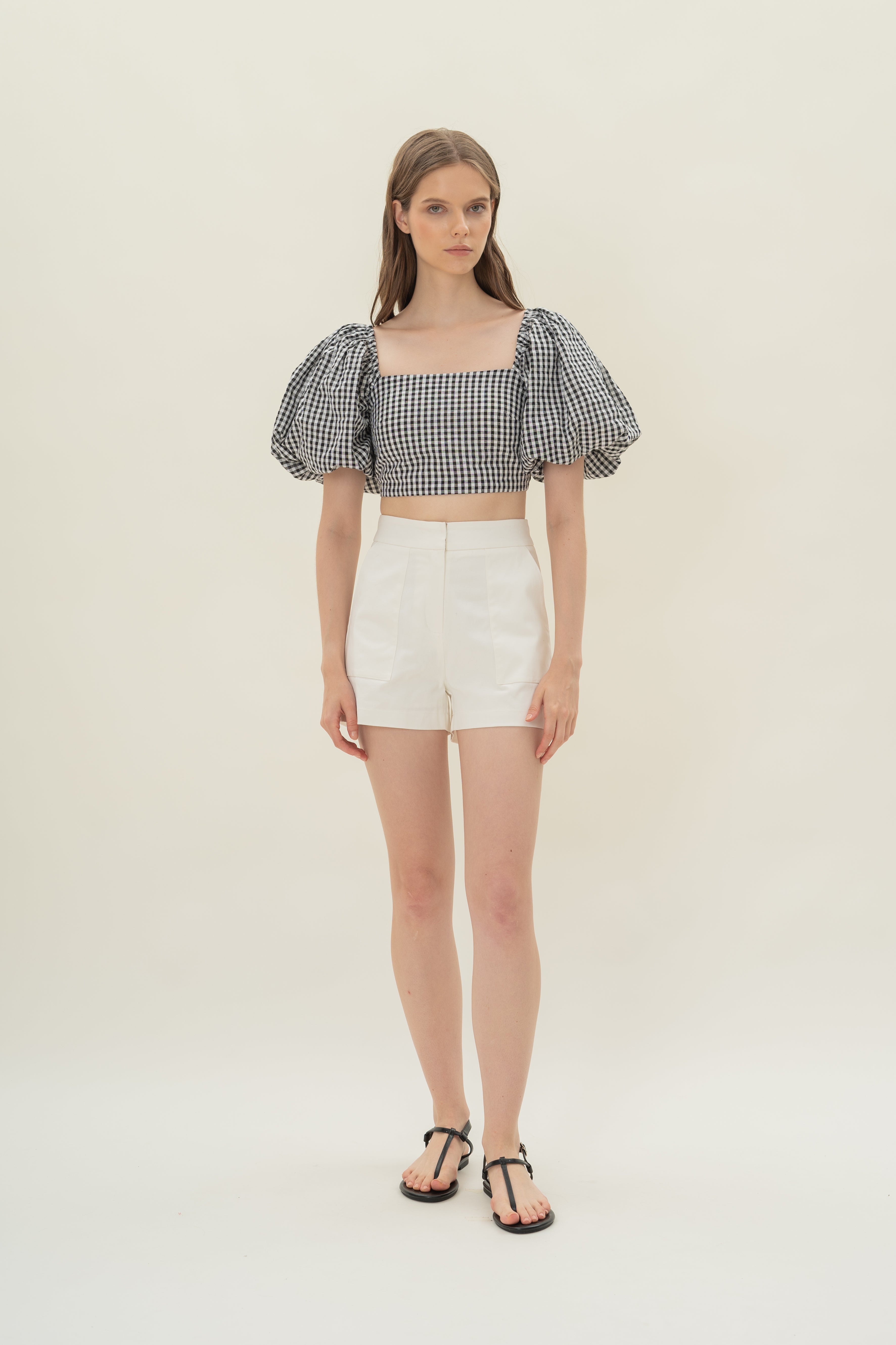 Cotton Puffed Sleeve Padded Top in Black Gingham