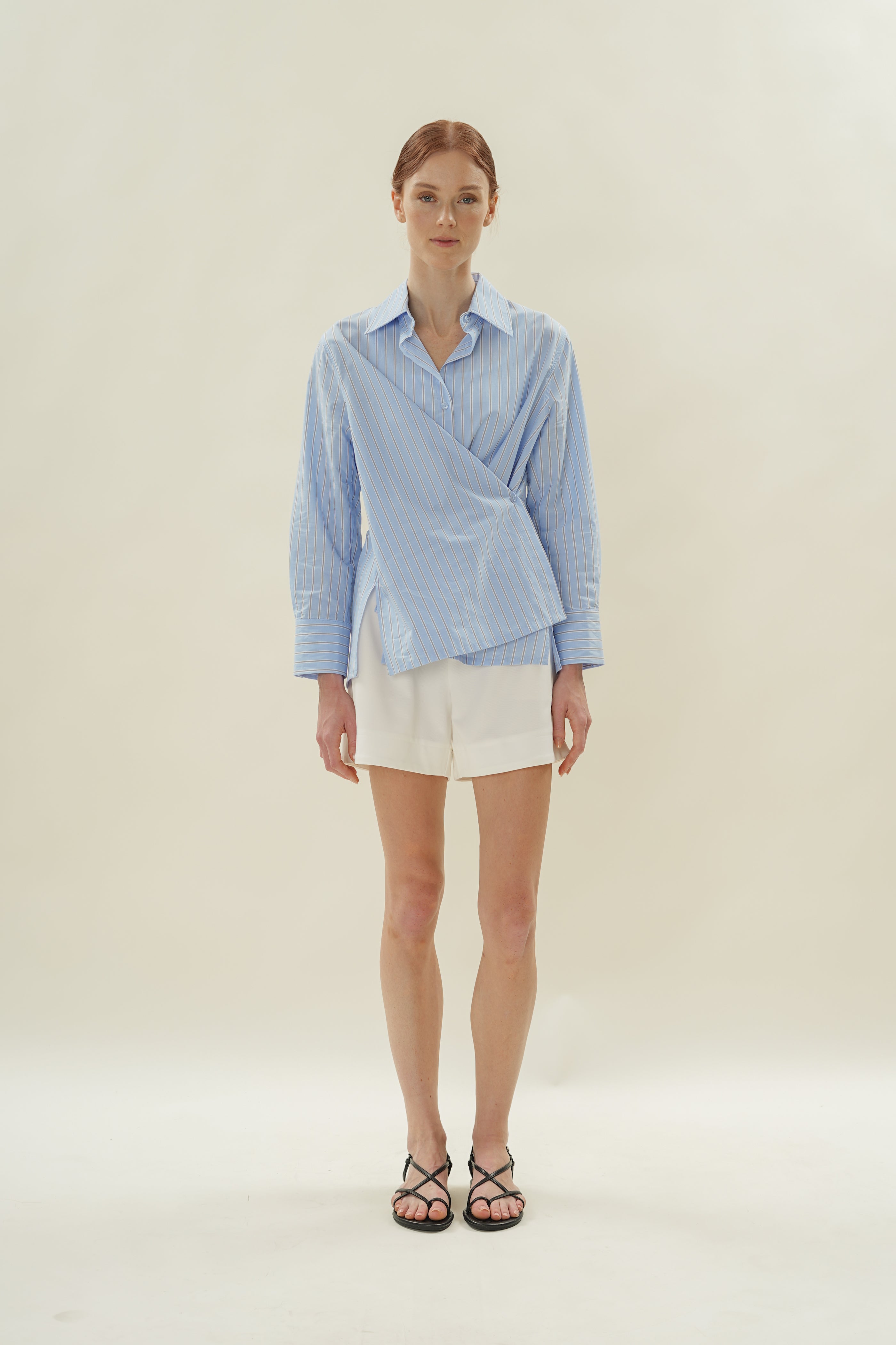 Oversized Wrap Shirt in Cotton Light Blue Stripes
