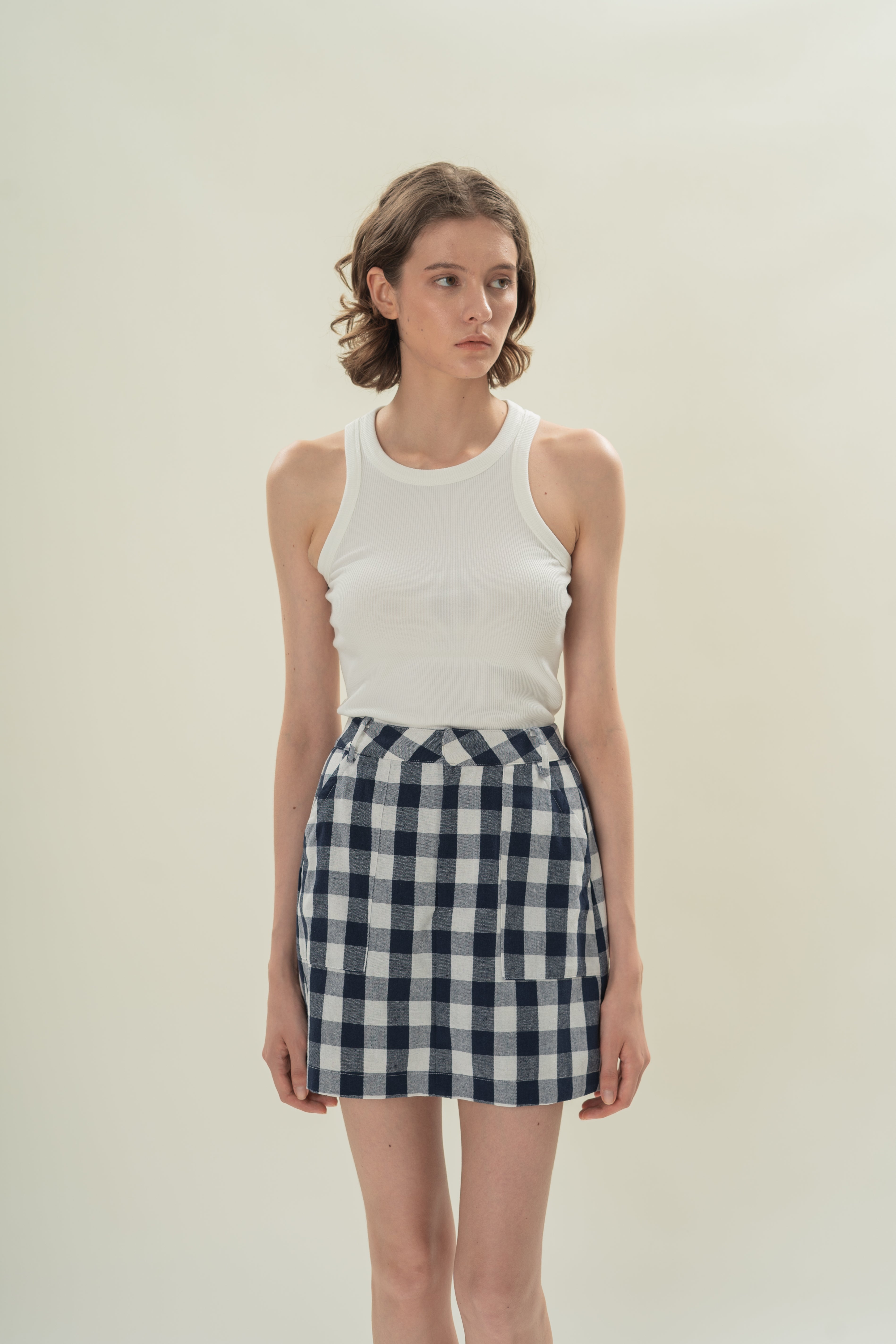 Linen Blend Skort in Navy Gingham