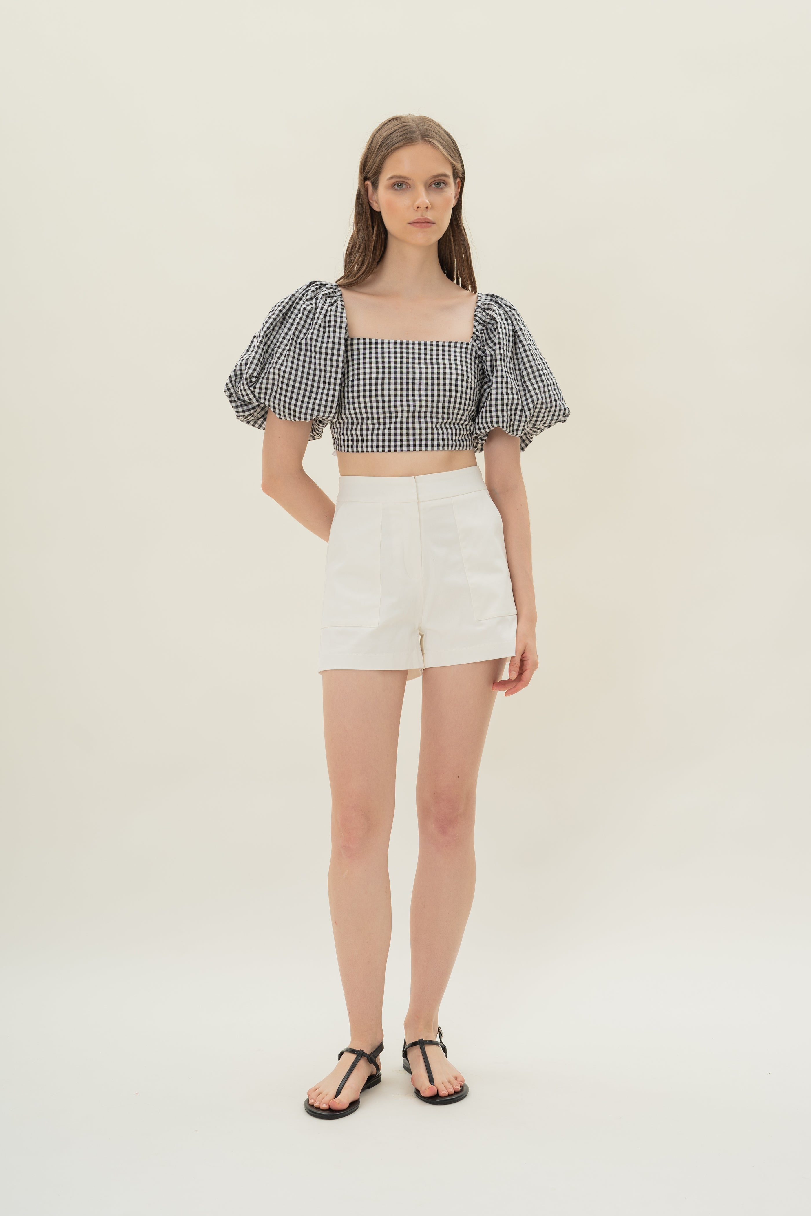 Cotton Puffed Sleeve Padded Top in Black Gingham