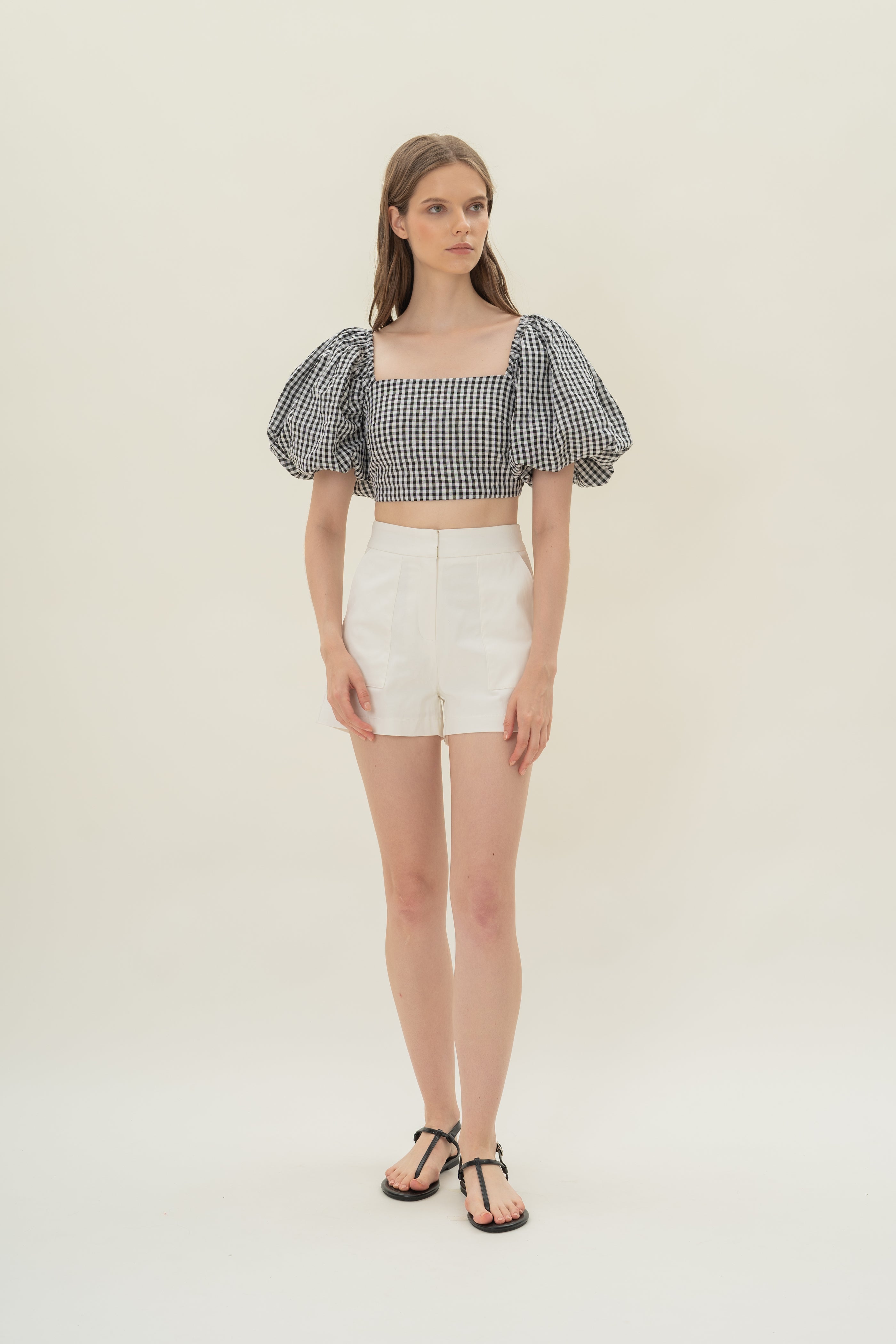 Cotton Puffed Sleeve Padded Top in Black Gingham