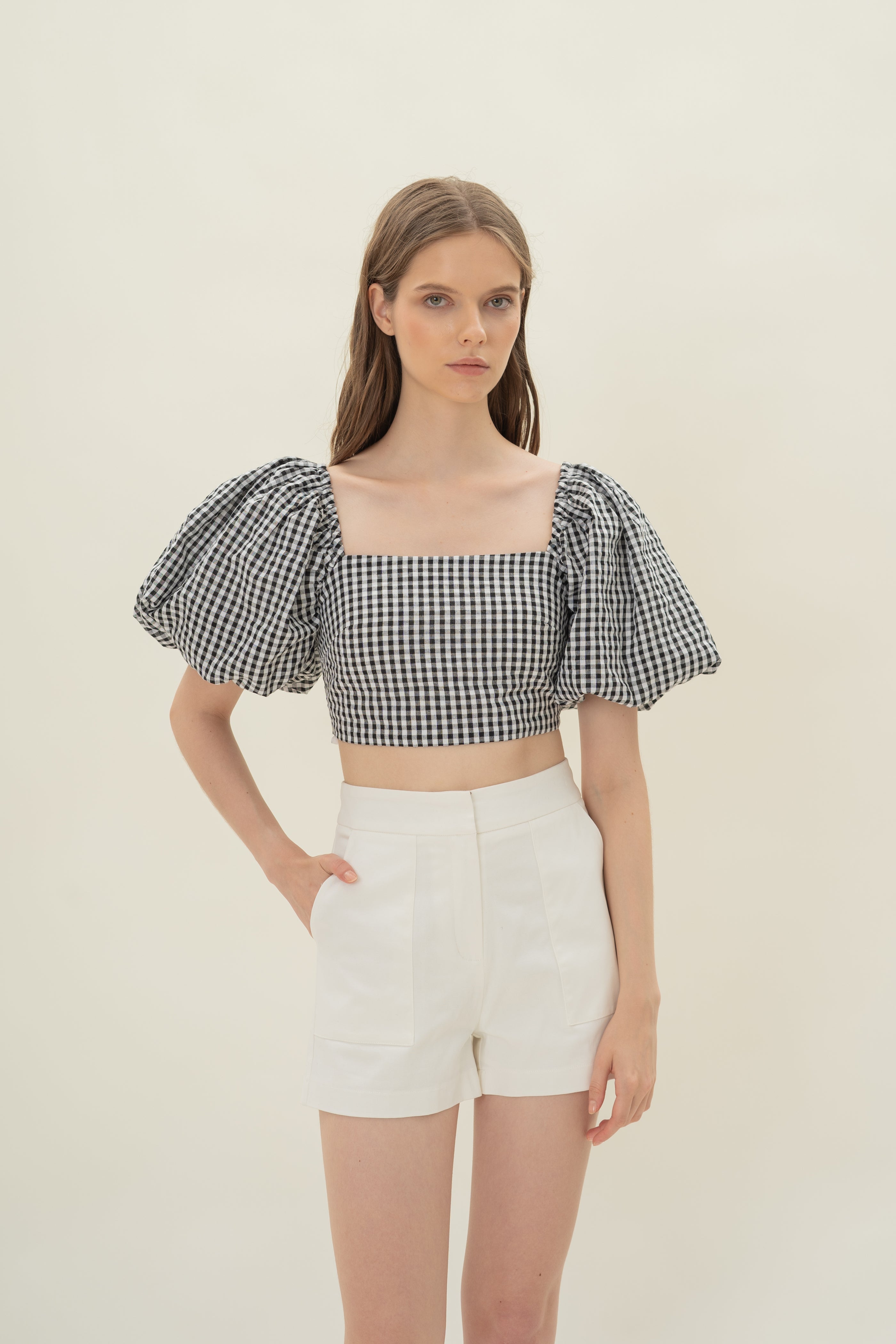 Cotton Puffed Sleeve Padded Top in Black Gingham