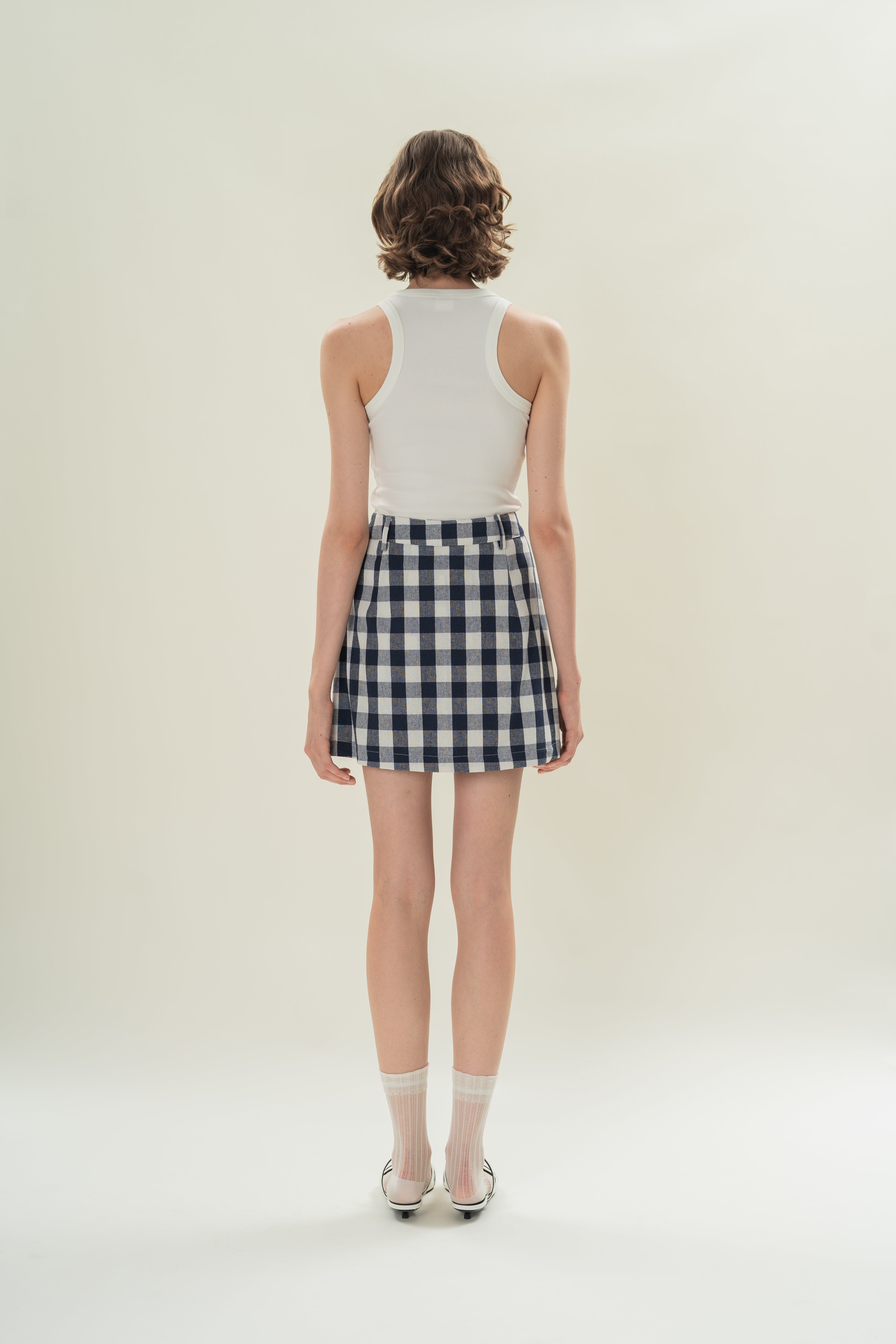 Linen Blend Skort in Navy Gingham