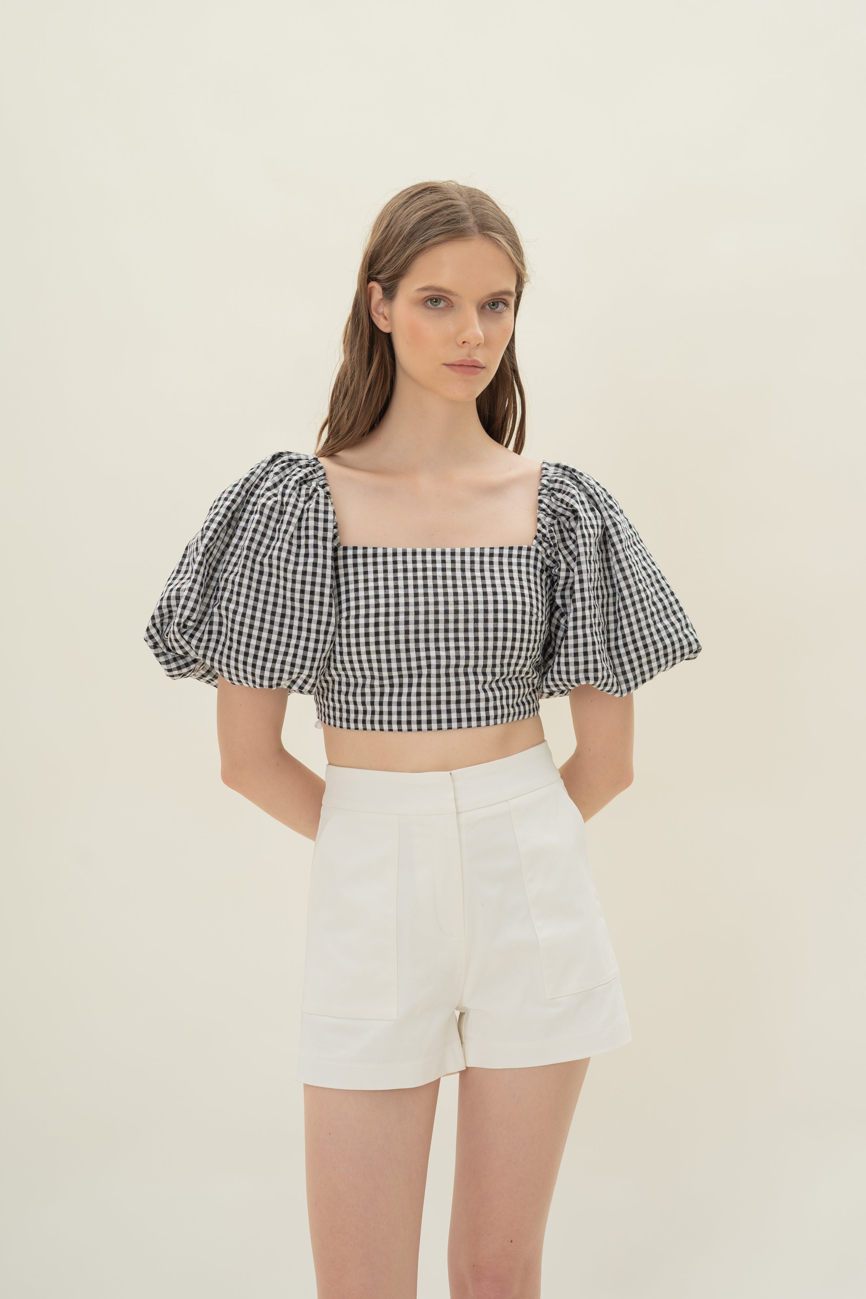 Cotton Puffed Sleeve Padded Top in Black Gingham