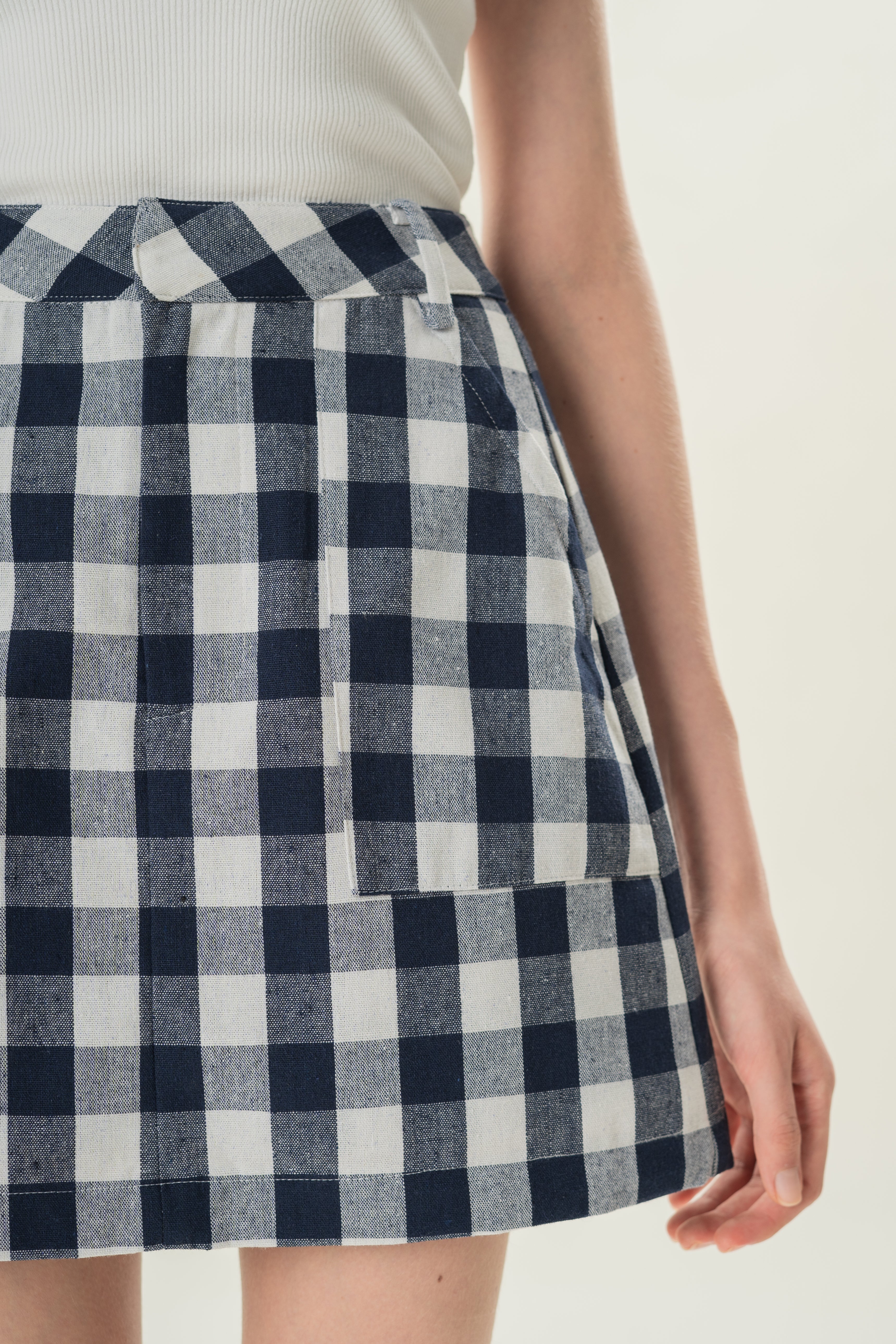 Linen Blend Skort in Navy Gingham