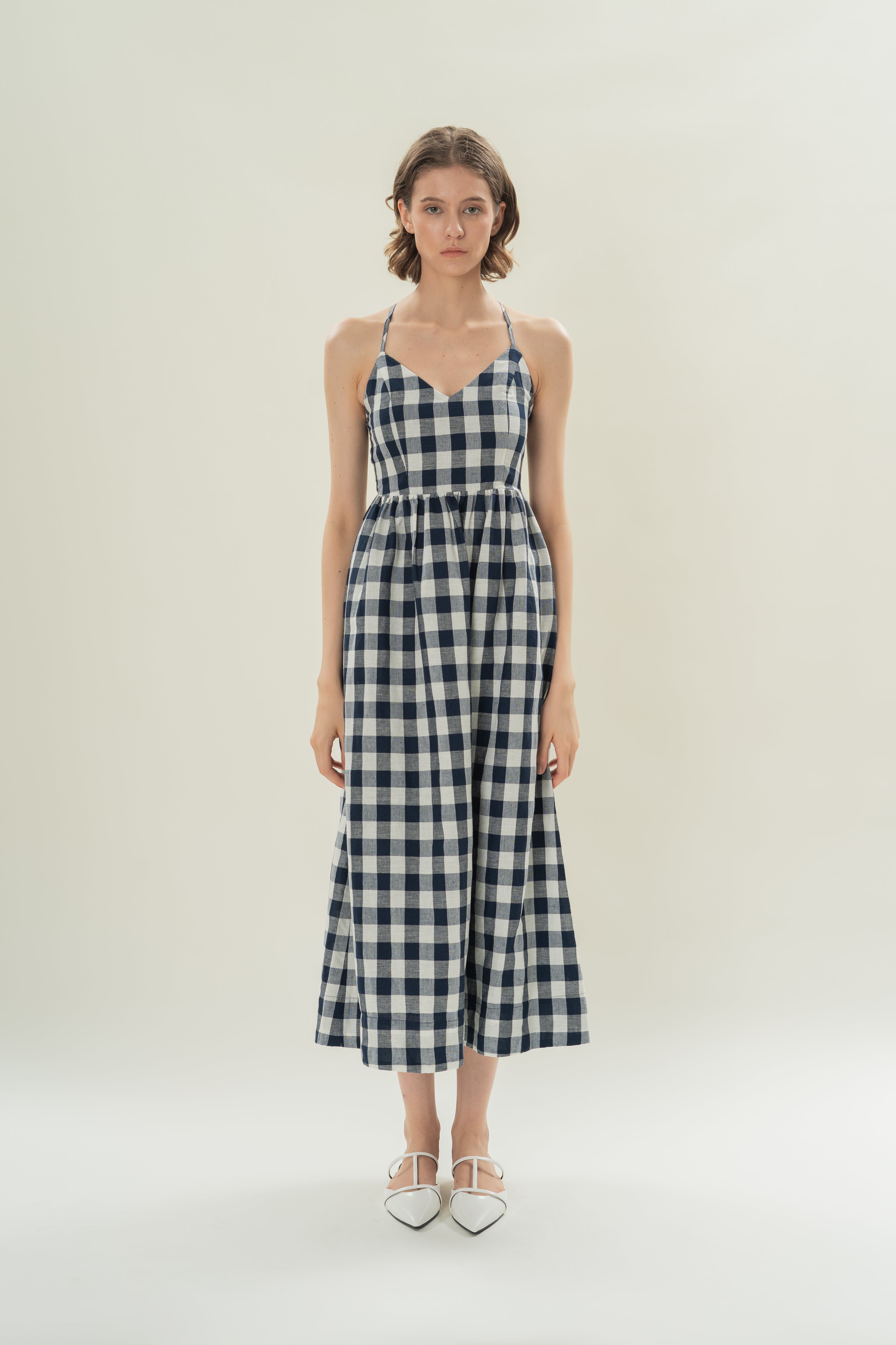 Crossback Gathered Waist Maxi Dress in Navy Gingham