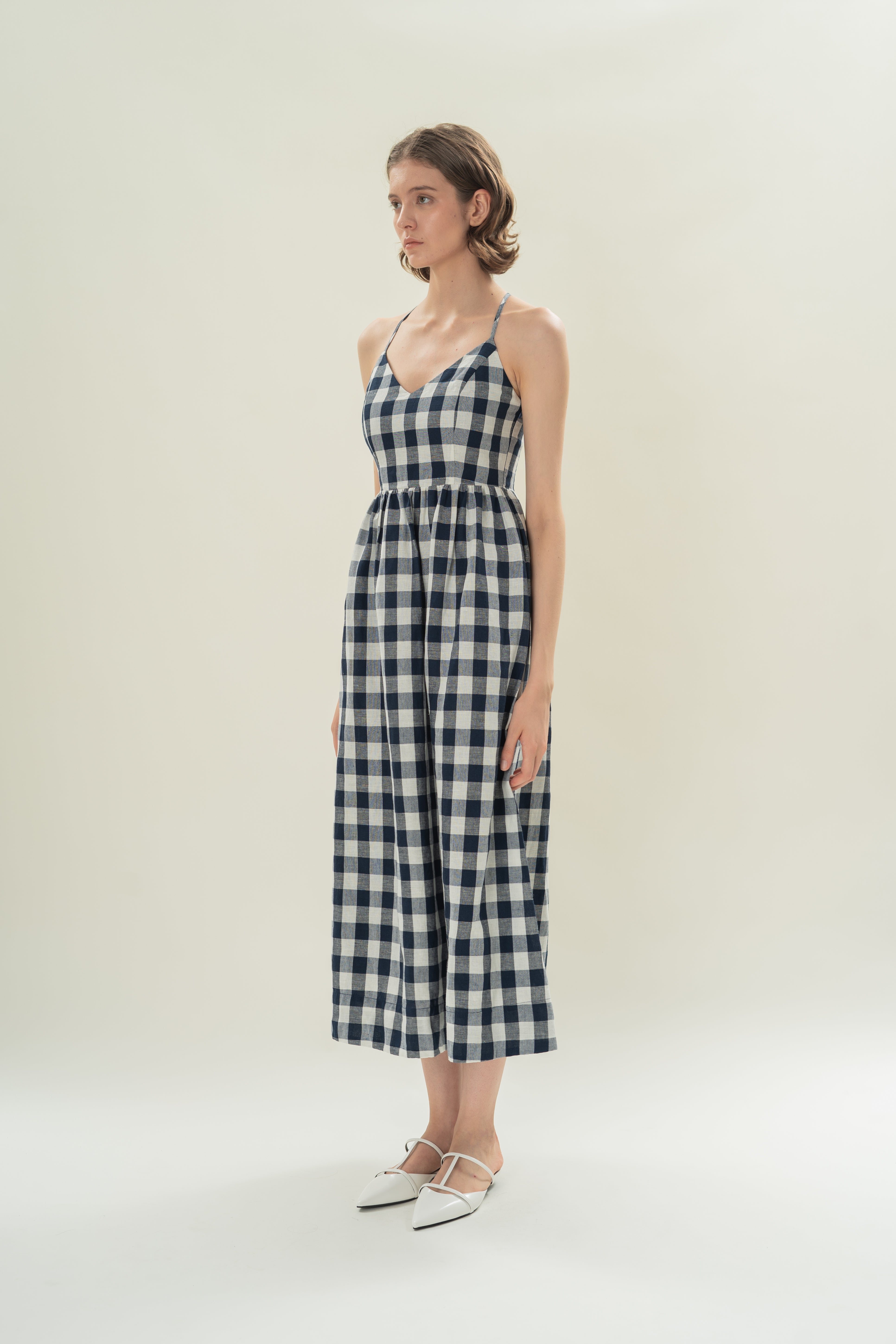 Crossback Gathered Waist Maxi Dress in Navy Gingham