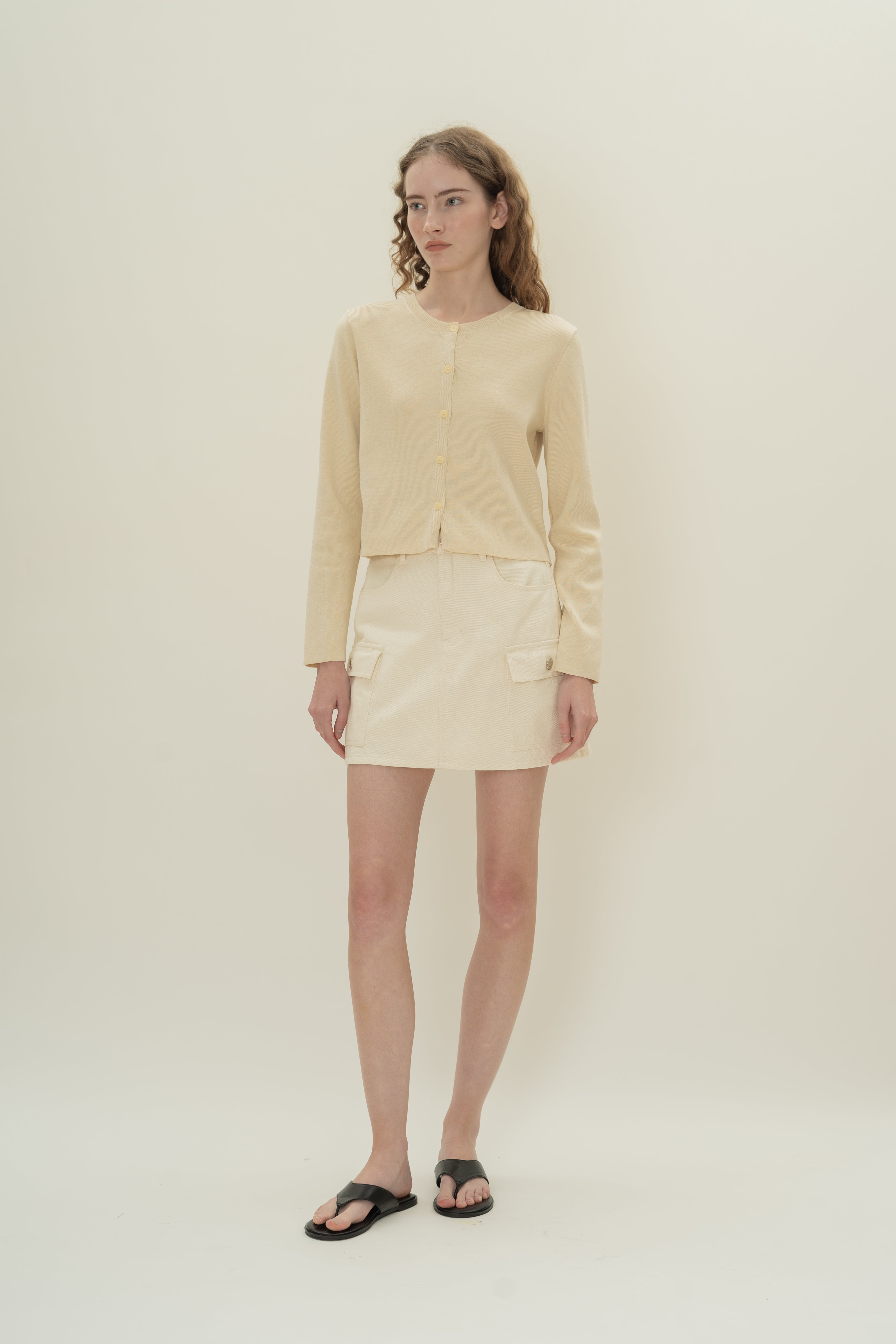 Round-Neck Knitted Cardigan in Natural