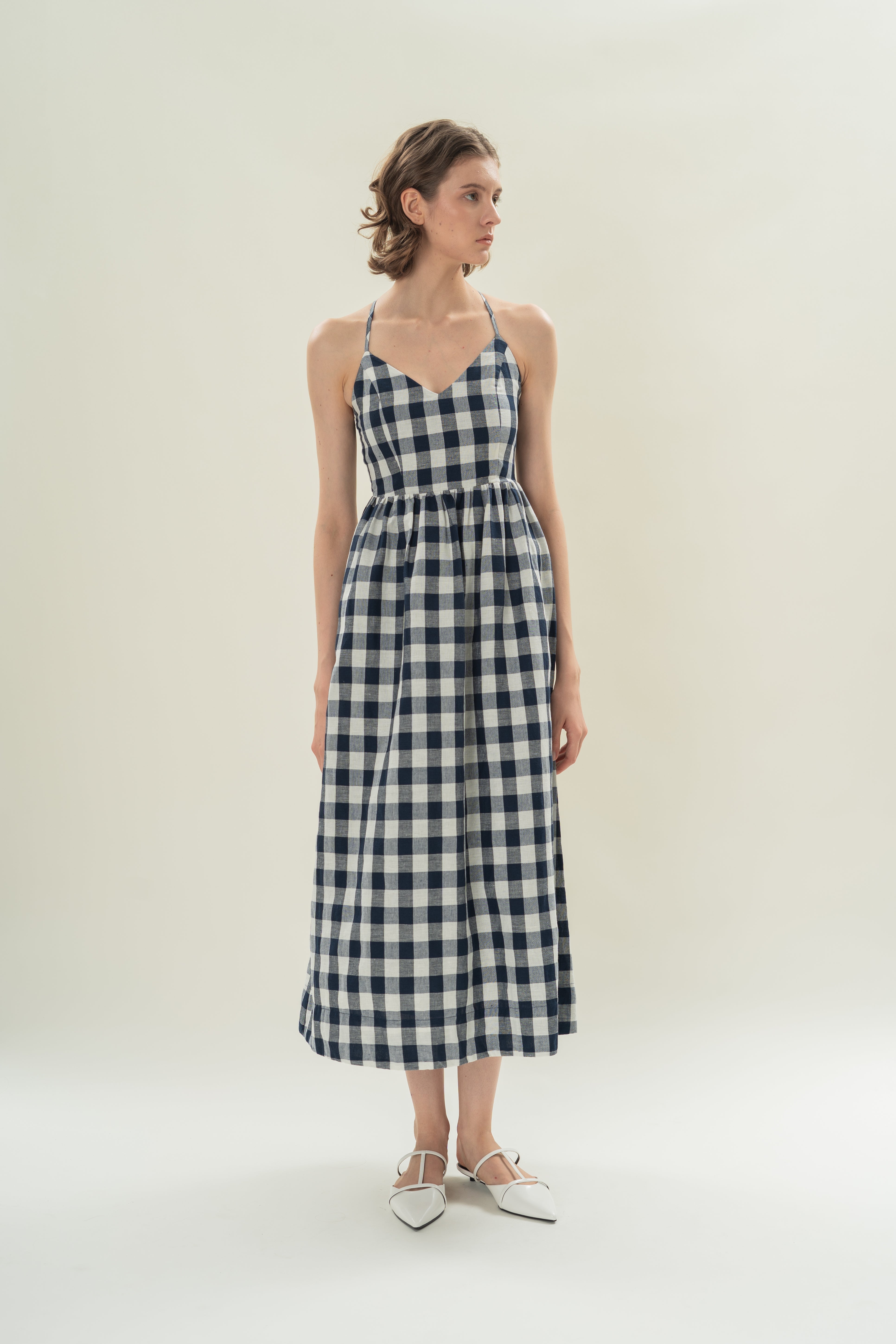 Crossback Gathered Waist Maxi Dress in Navy Gingham