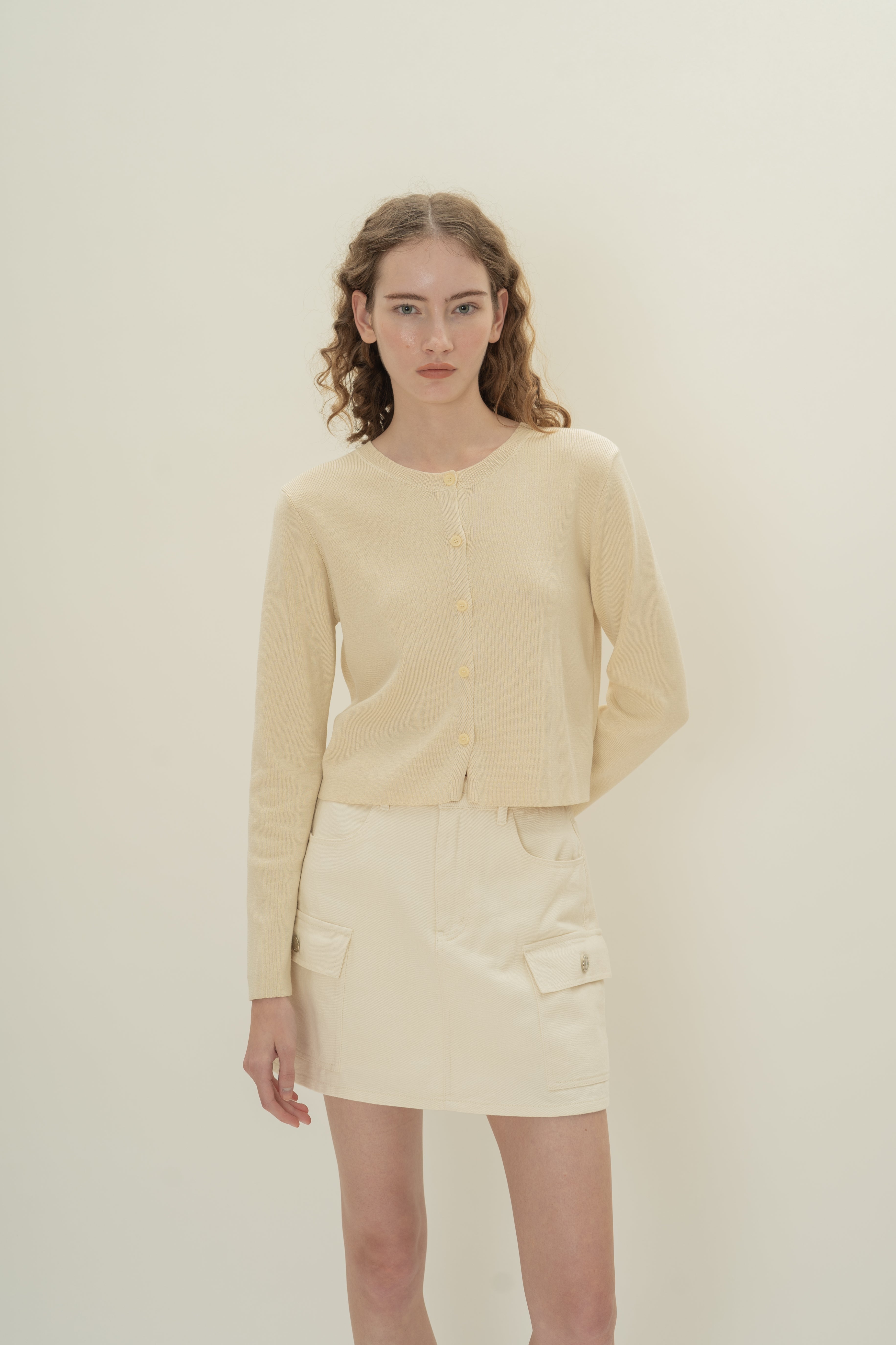 Round-Neck Knitted Cardigan in Natural