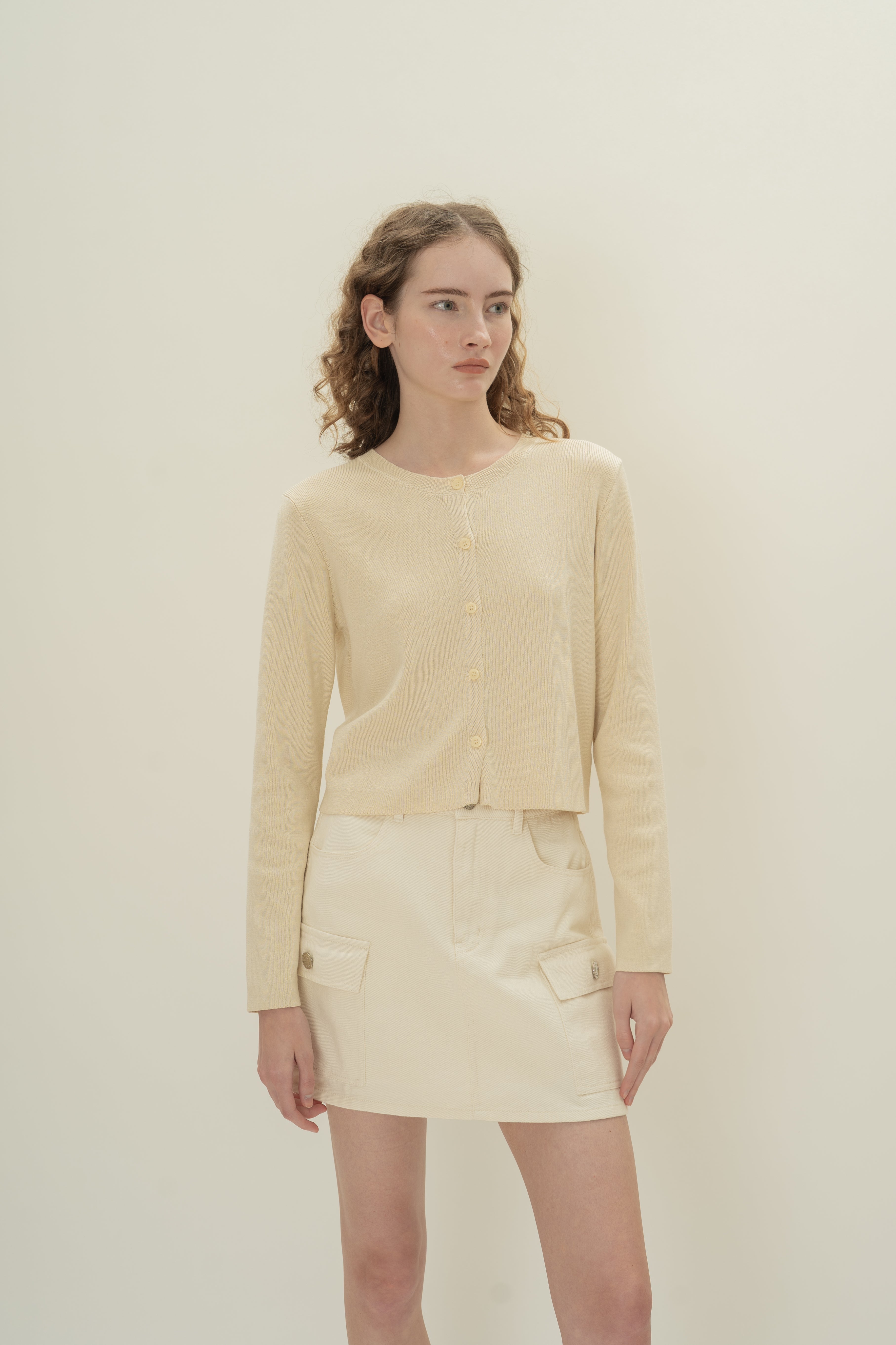 Round-Neck Knitted Cardigan in Natural