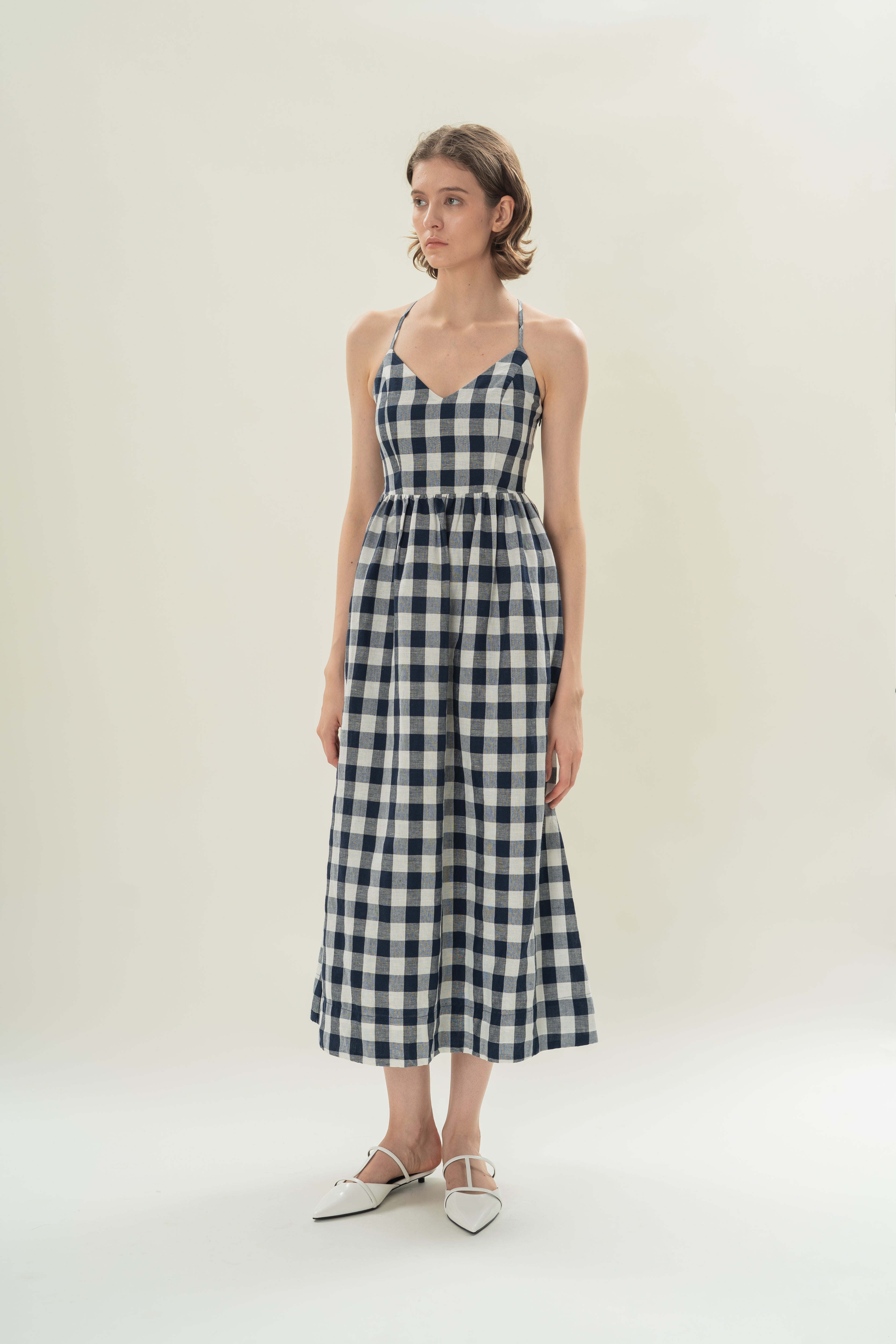 Crossback Gathered Waist Maxi Dress in Navy Gingham