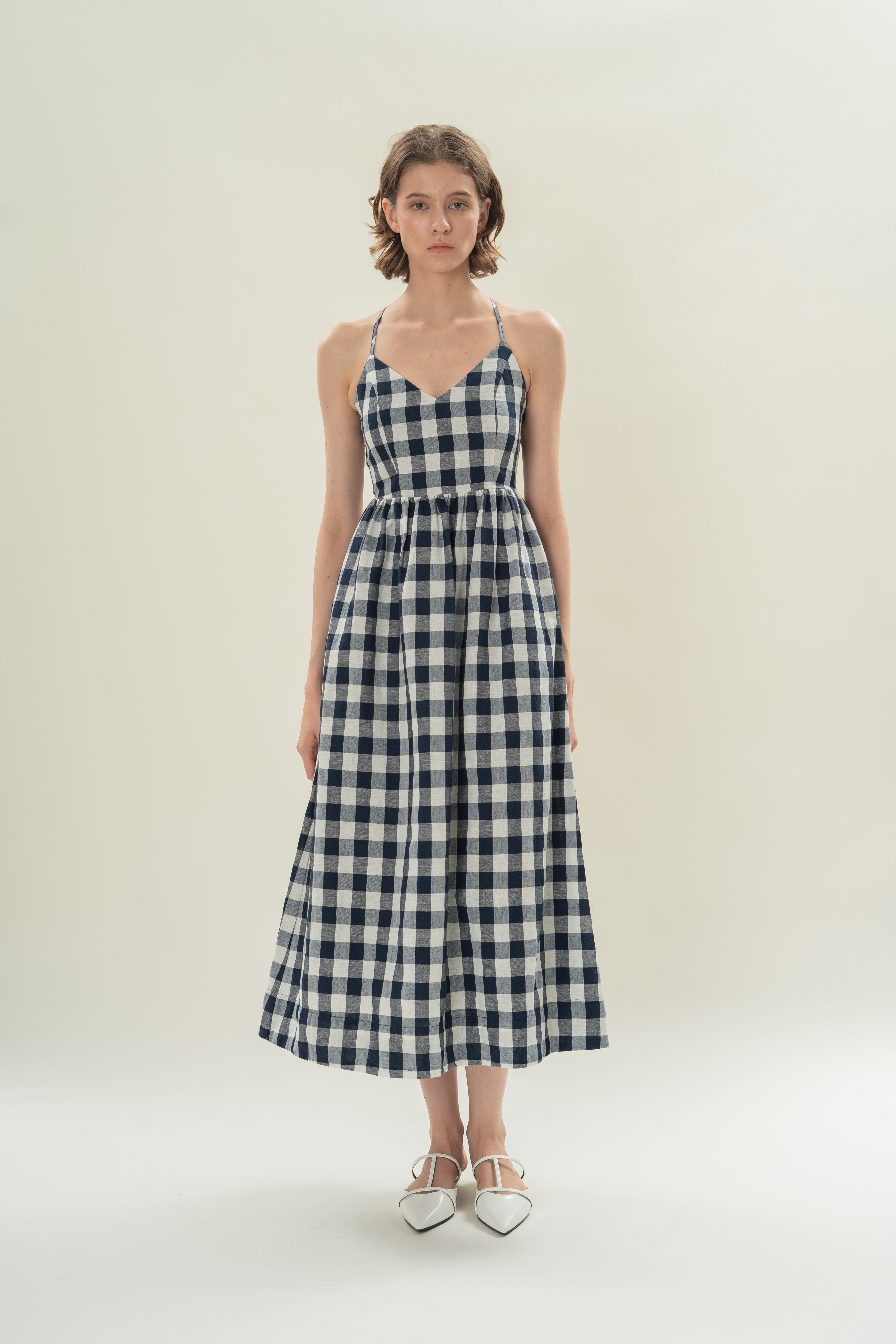 Crossback Gathered Waist Maxi Dress in Navy Gingham