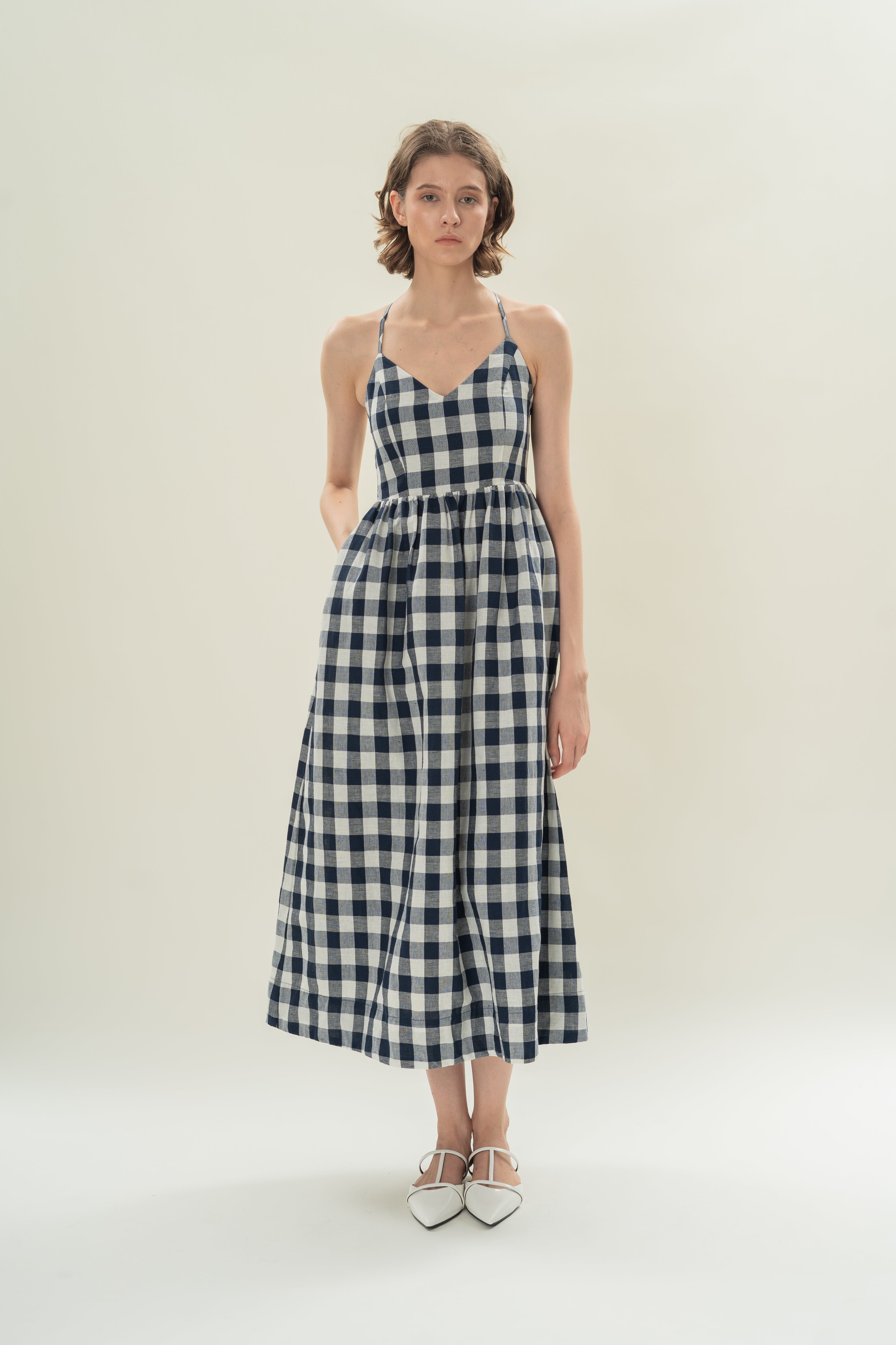 Crossback Gathered Waist Maxi Dress in Navy Gingham