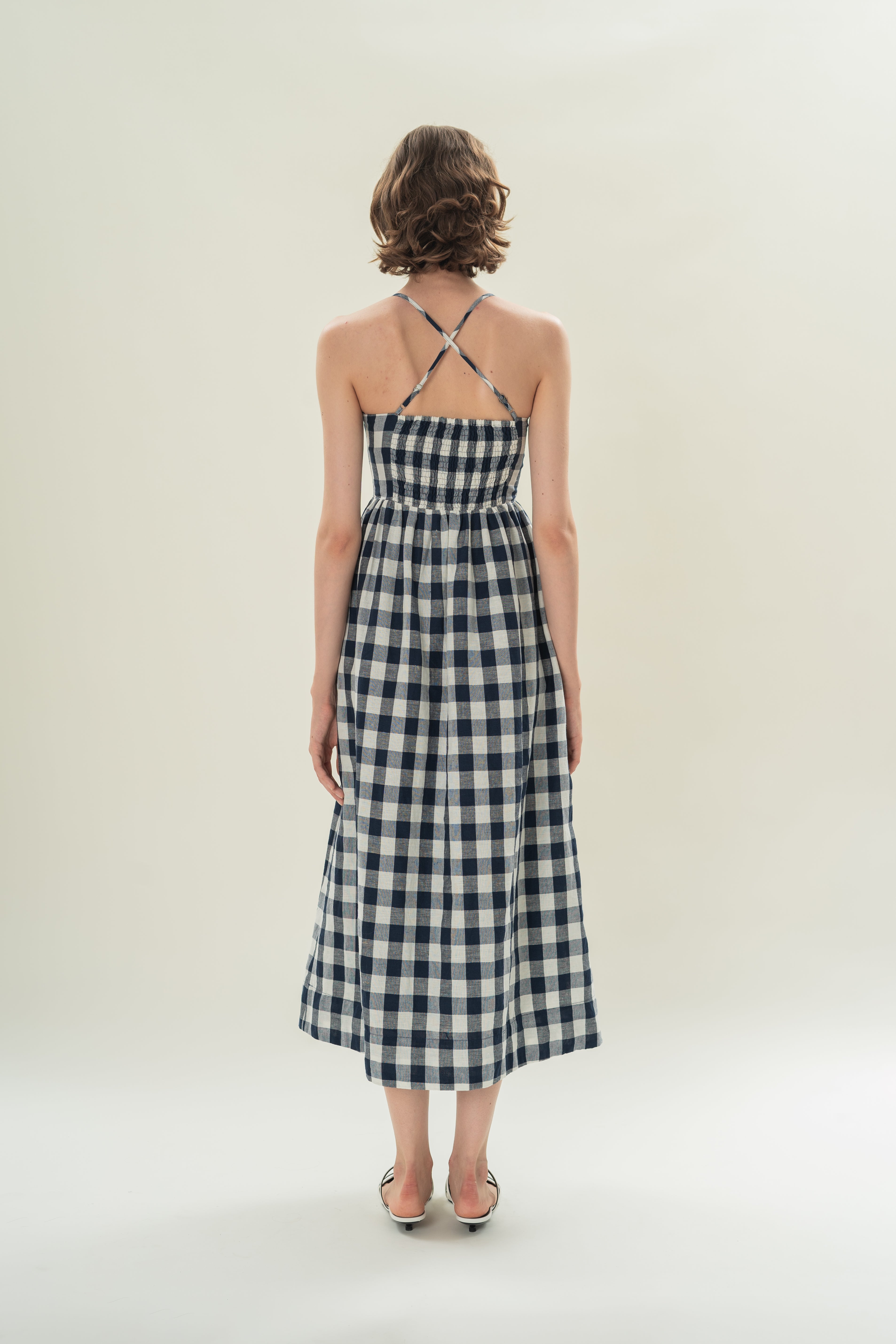 Crossback Gathered Waist Maxi Dress in Navy Gingham