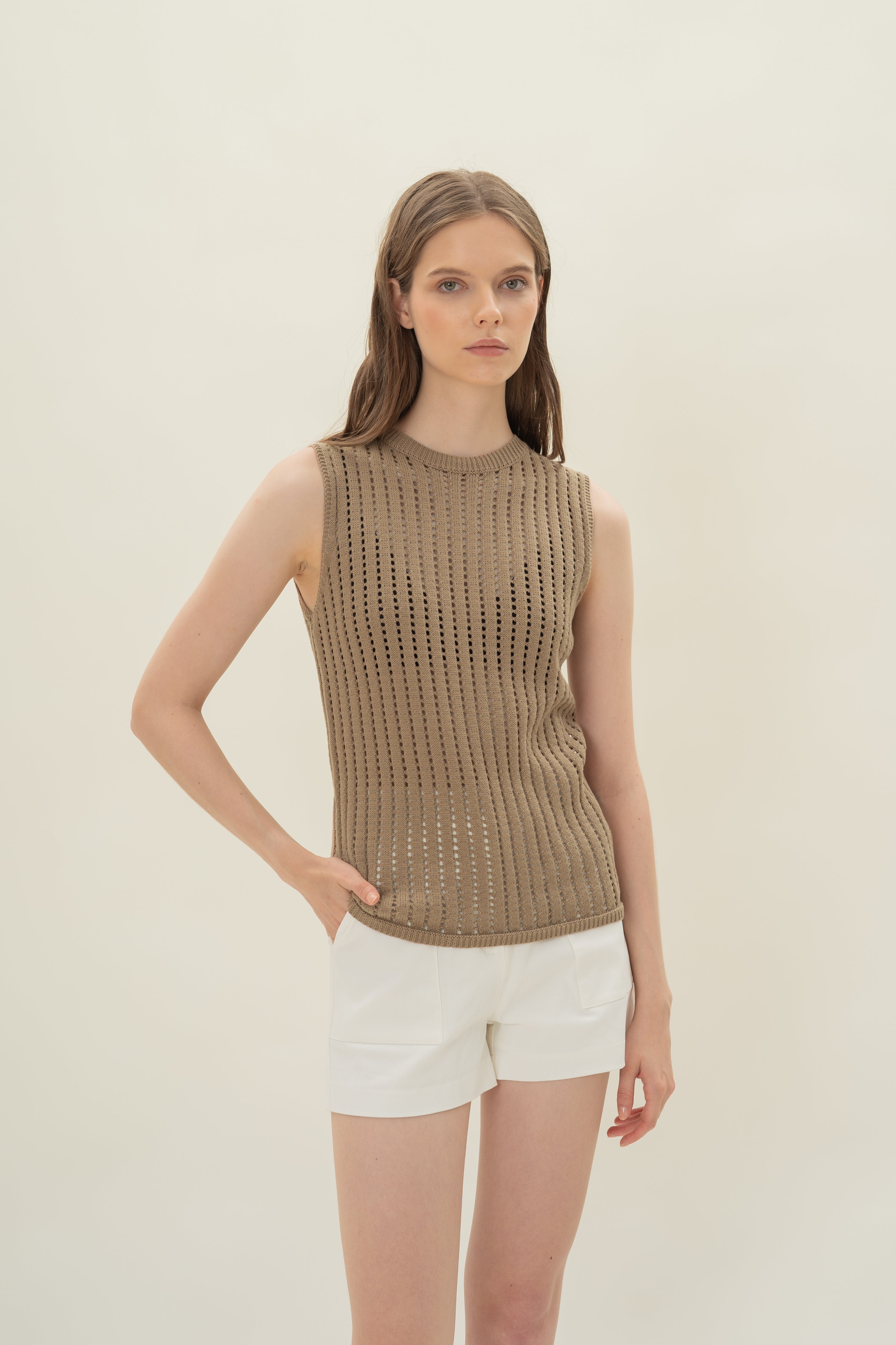 Open Knit Sleeveless Top in Ash