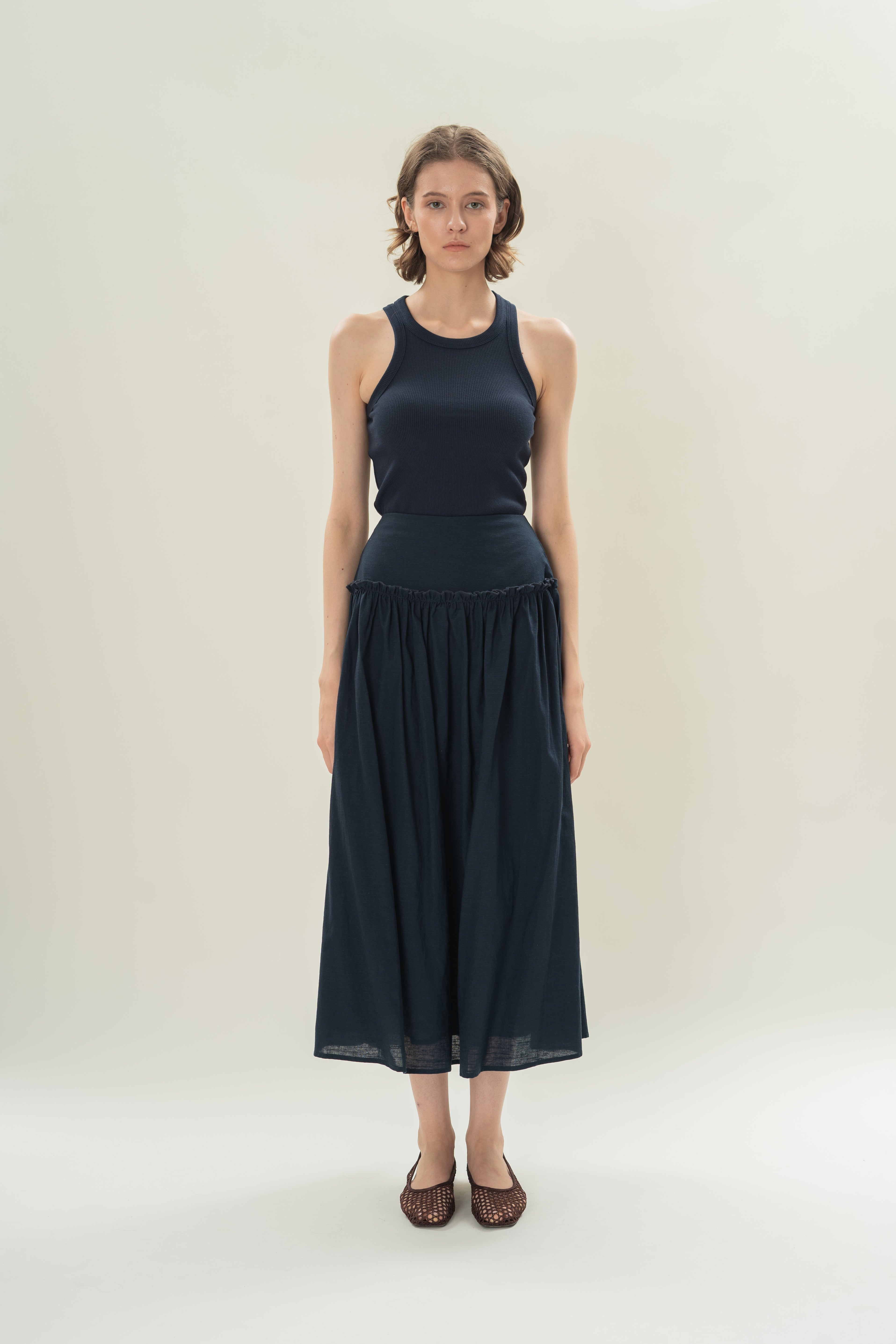 Gathered Panel Skirt With Ruffles in Midnight