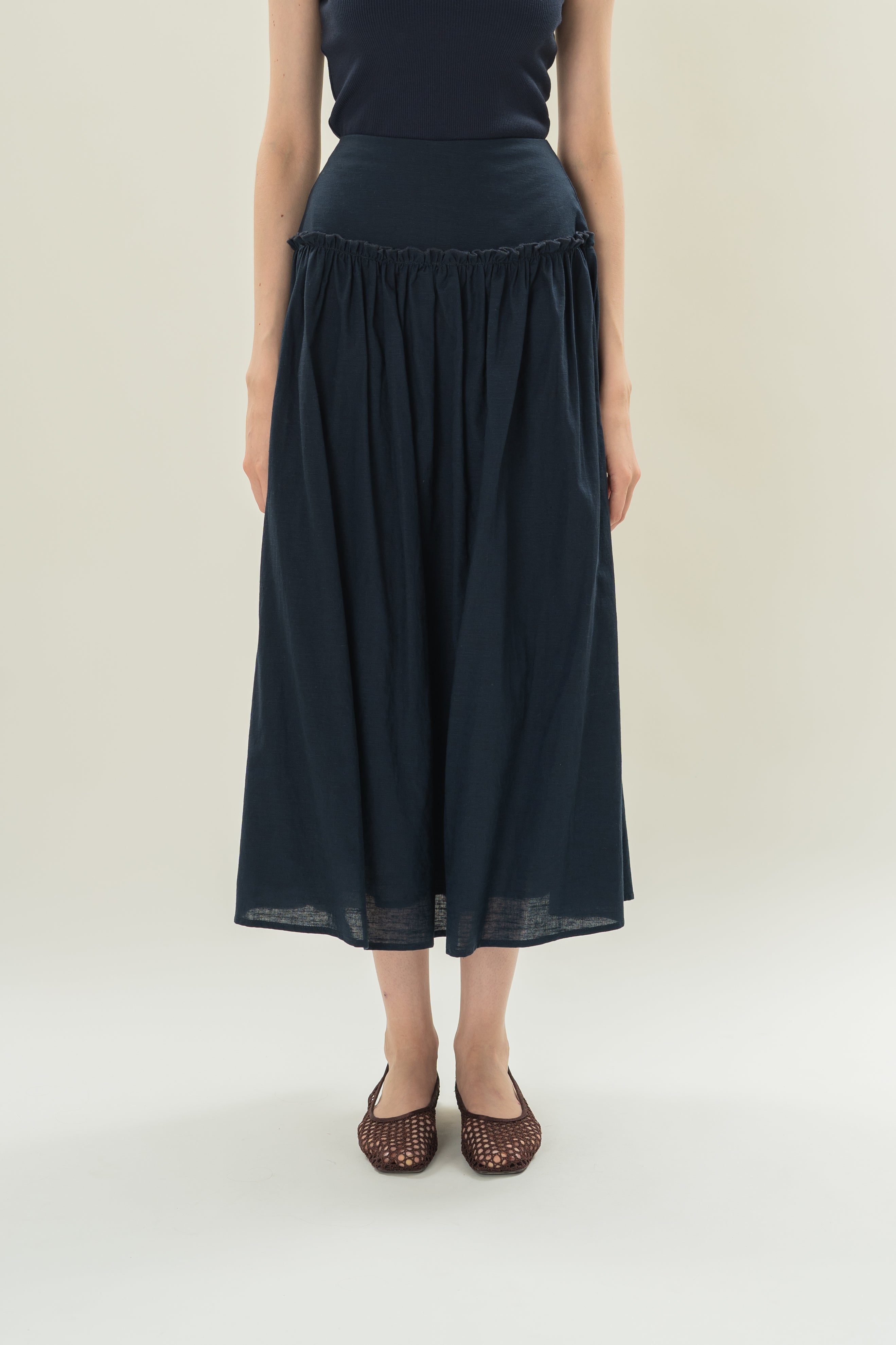 Gathered Panel Skirt With Ruffles in Midnight