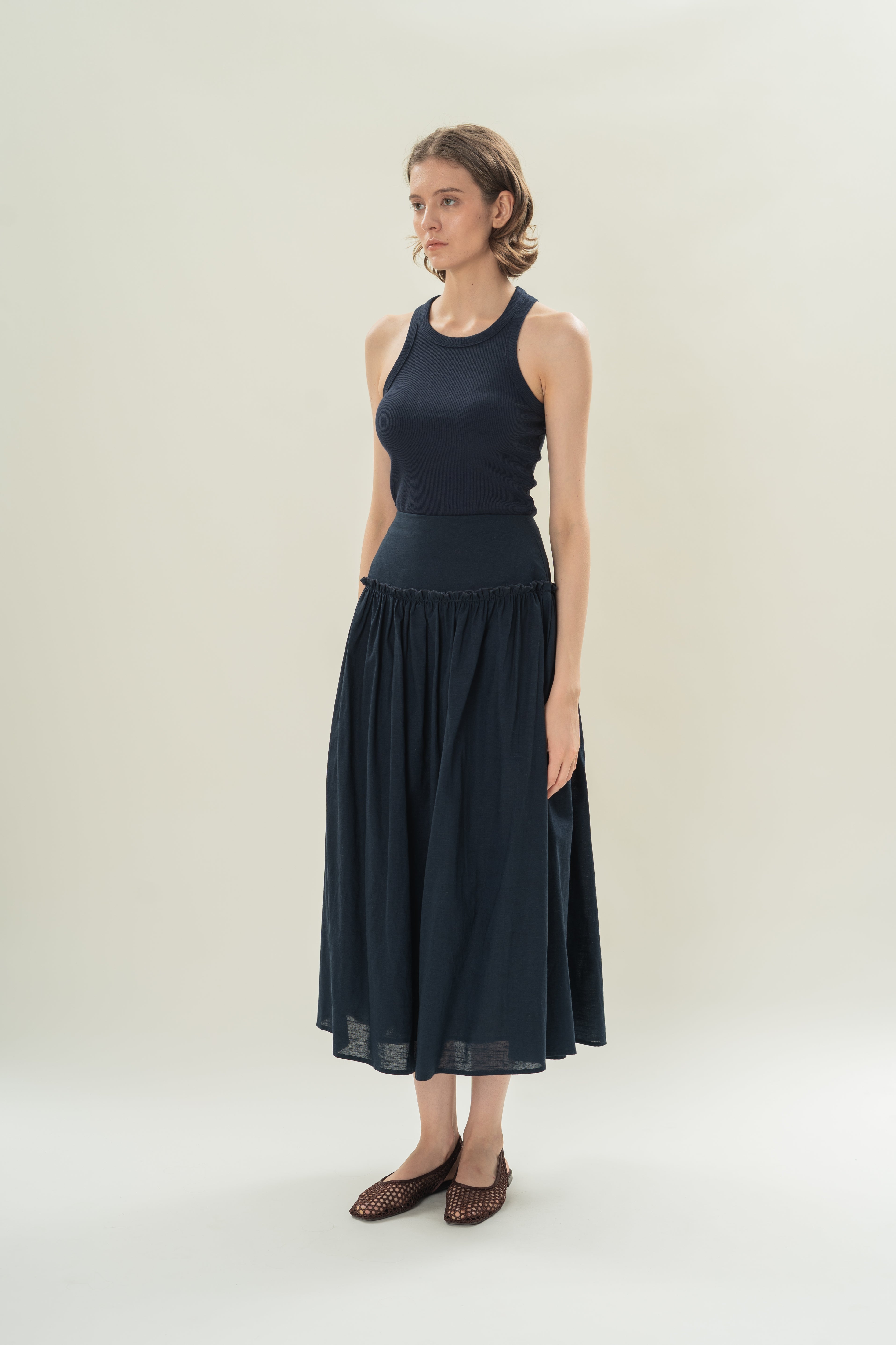 Gathered Panel Skirt With Ruffles in Midnight