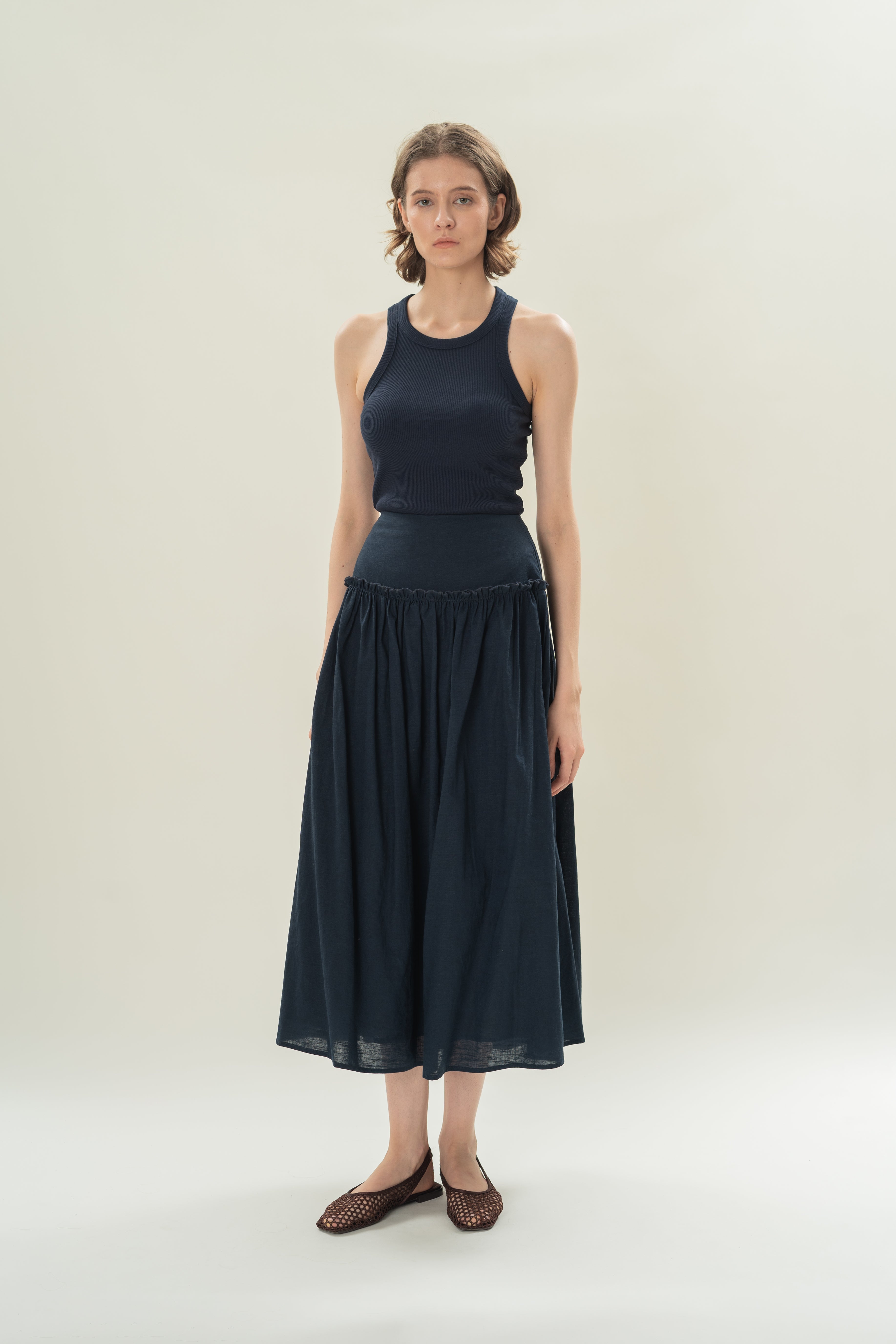 Gathered Panel Skirt With Ruffles in Midnight