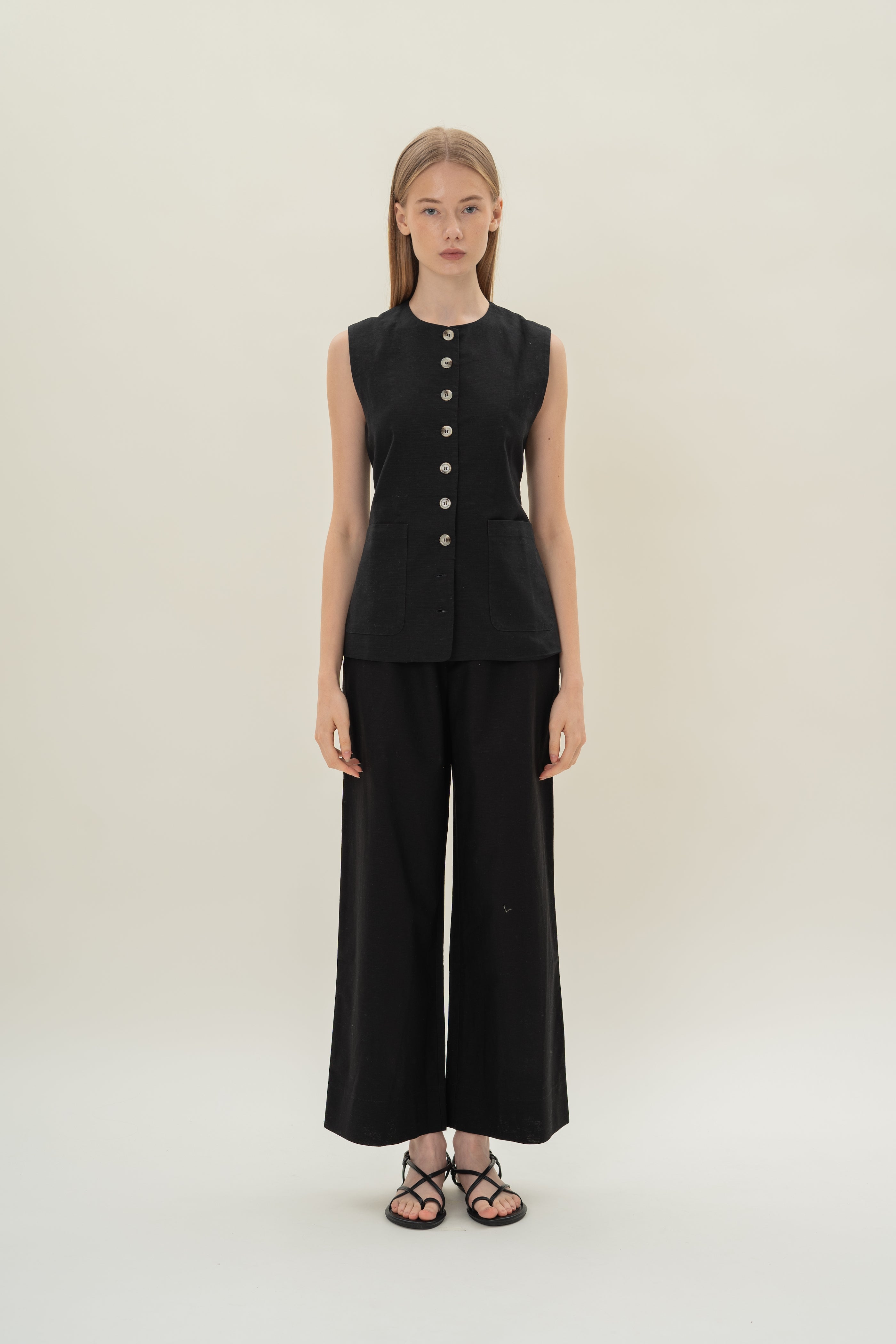 Long Round Neck Waistcoat in Black