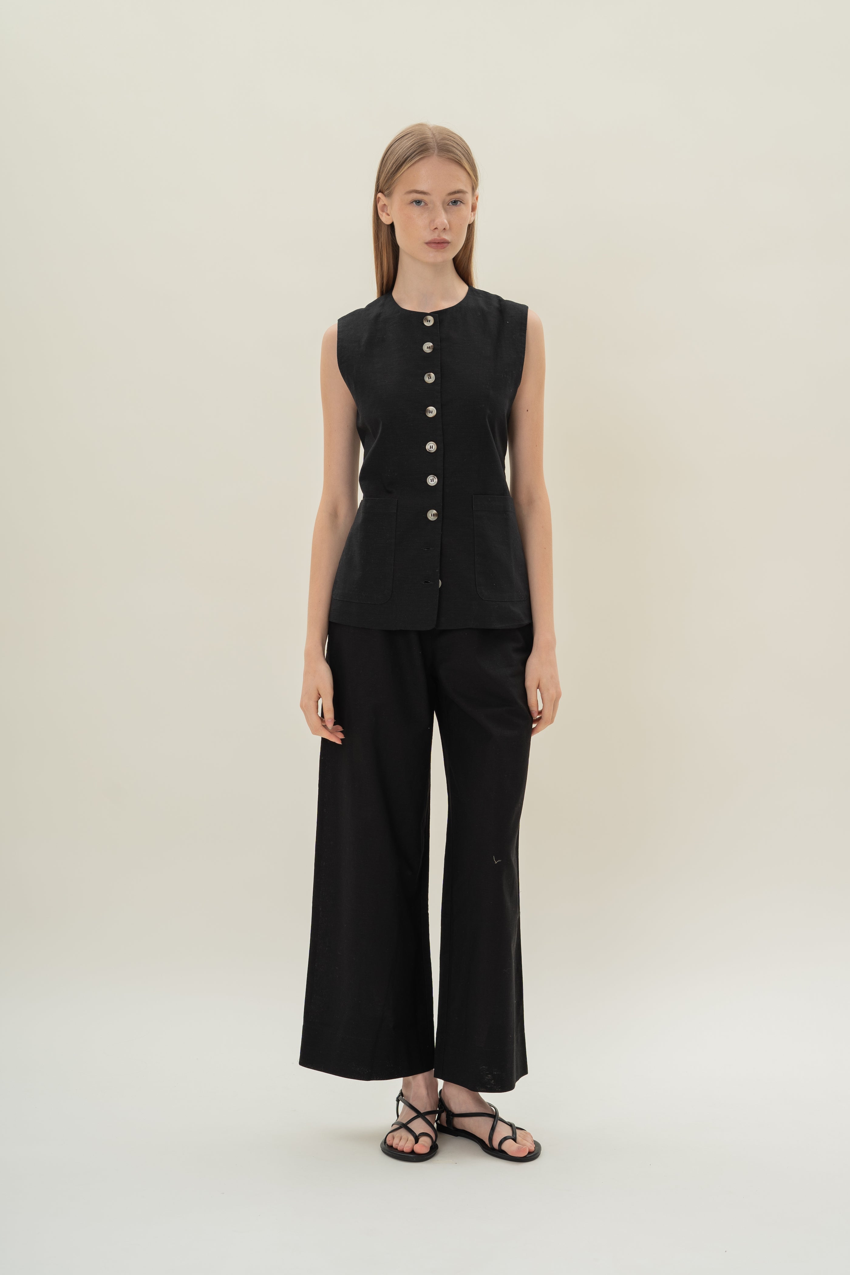 Long Round Neck Waistcoat in Black