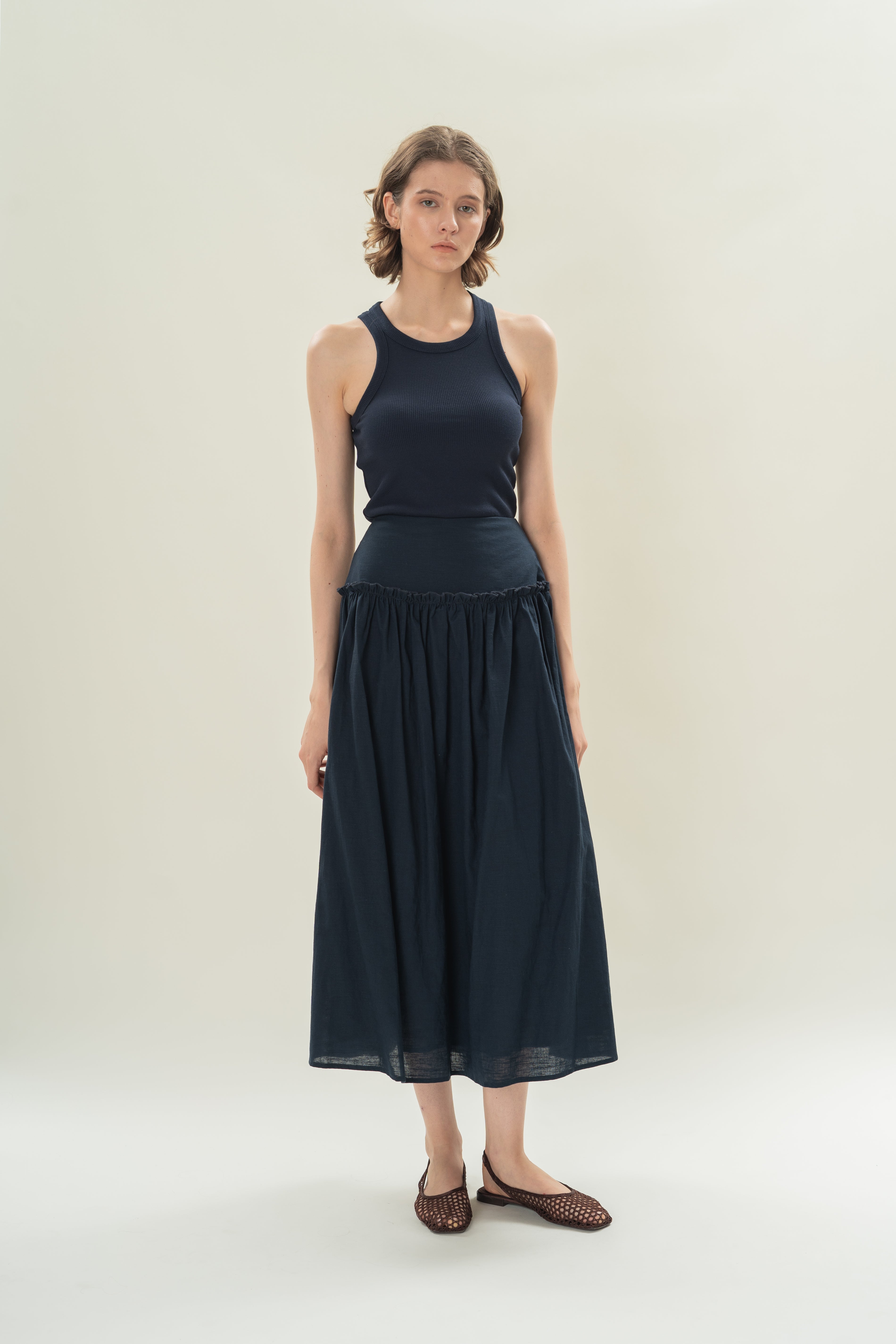 Gathered Panel Skirt With Ruffles in Midnight