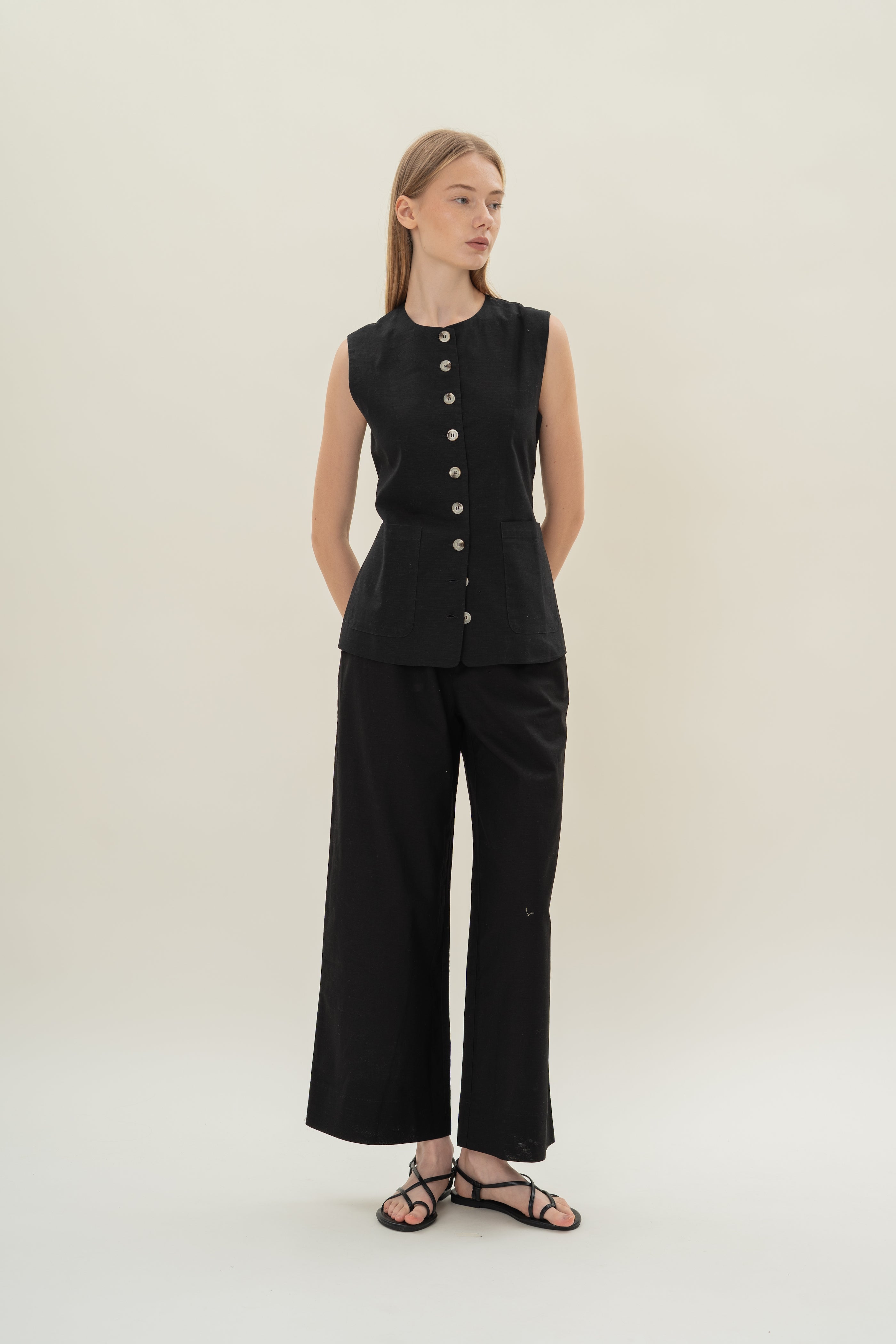 Long Round Neck Waistcoat in Black