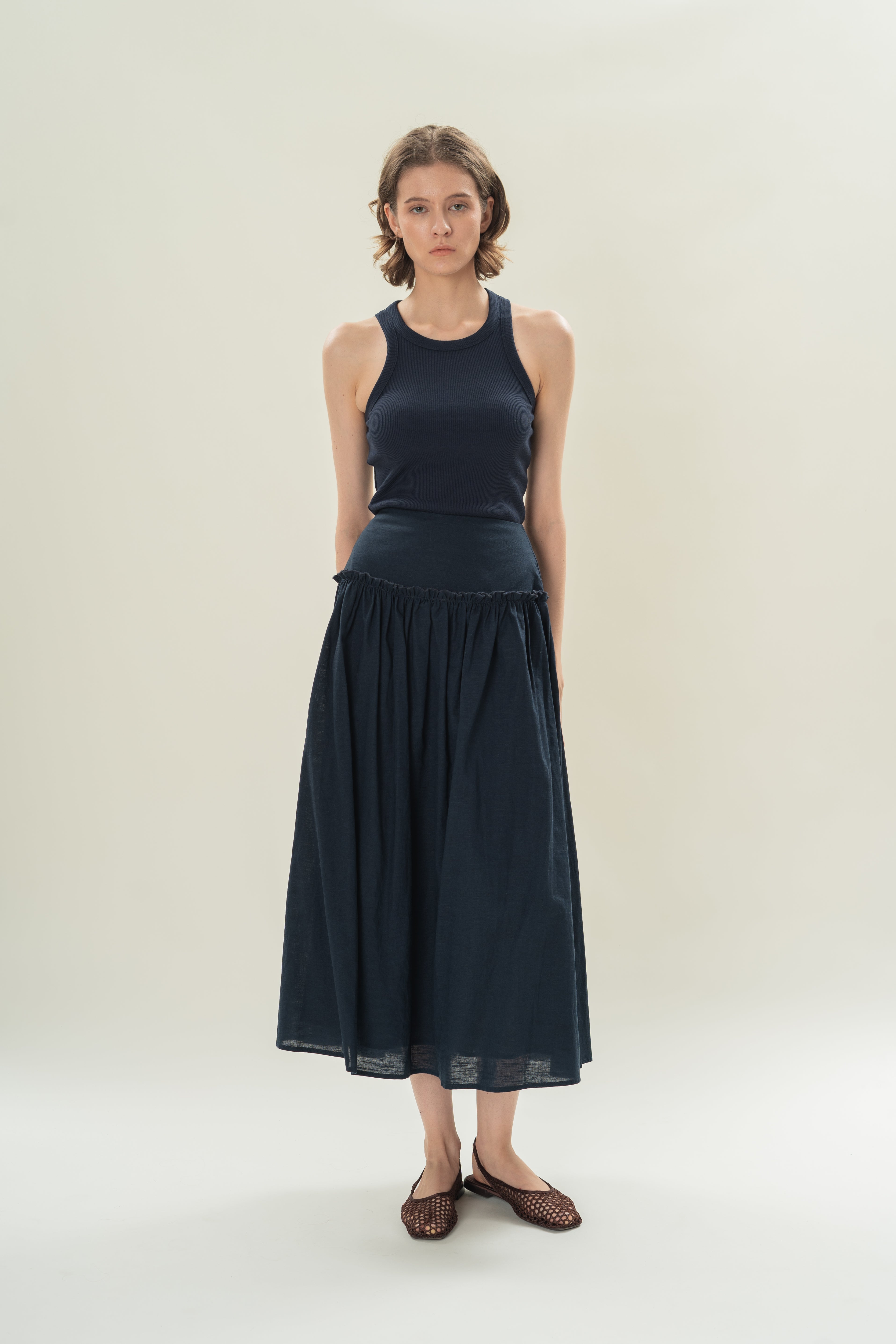 Gathered Panel Skirt With Ruffles in Midnight