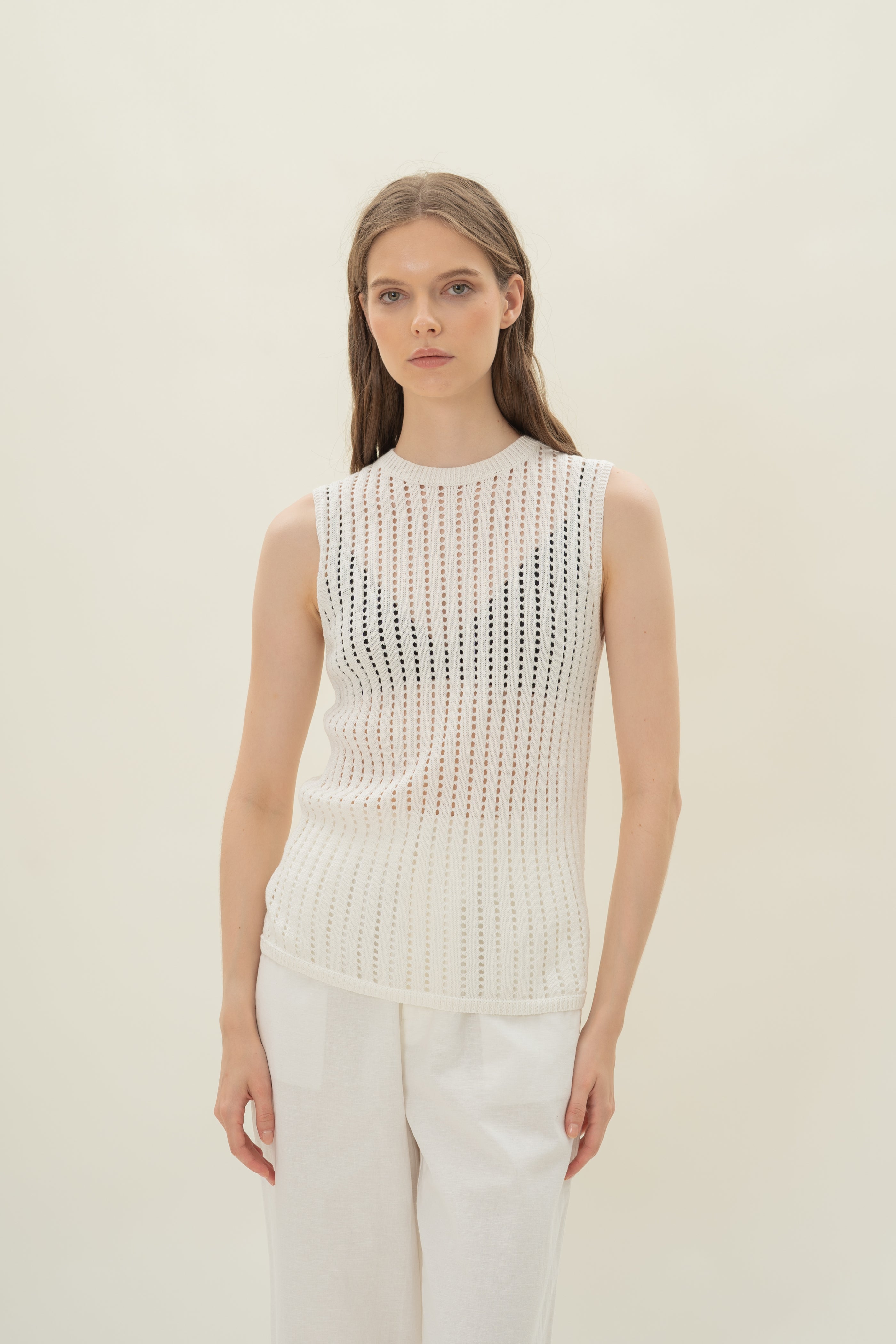 Open Knit Sleeveless Top in White