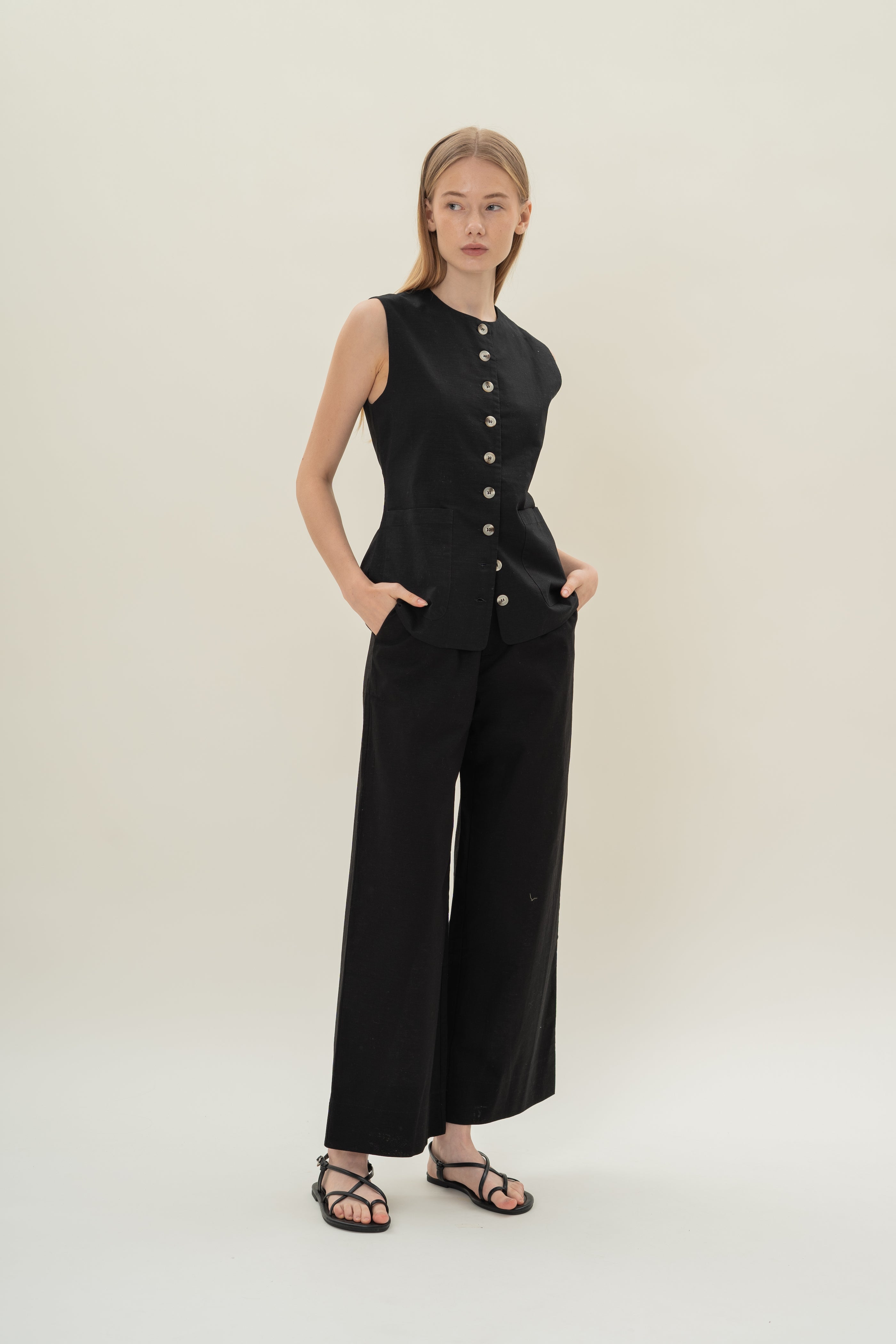 Long Round Neck Waistcoat in Black