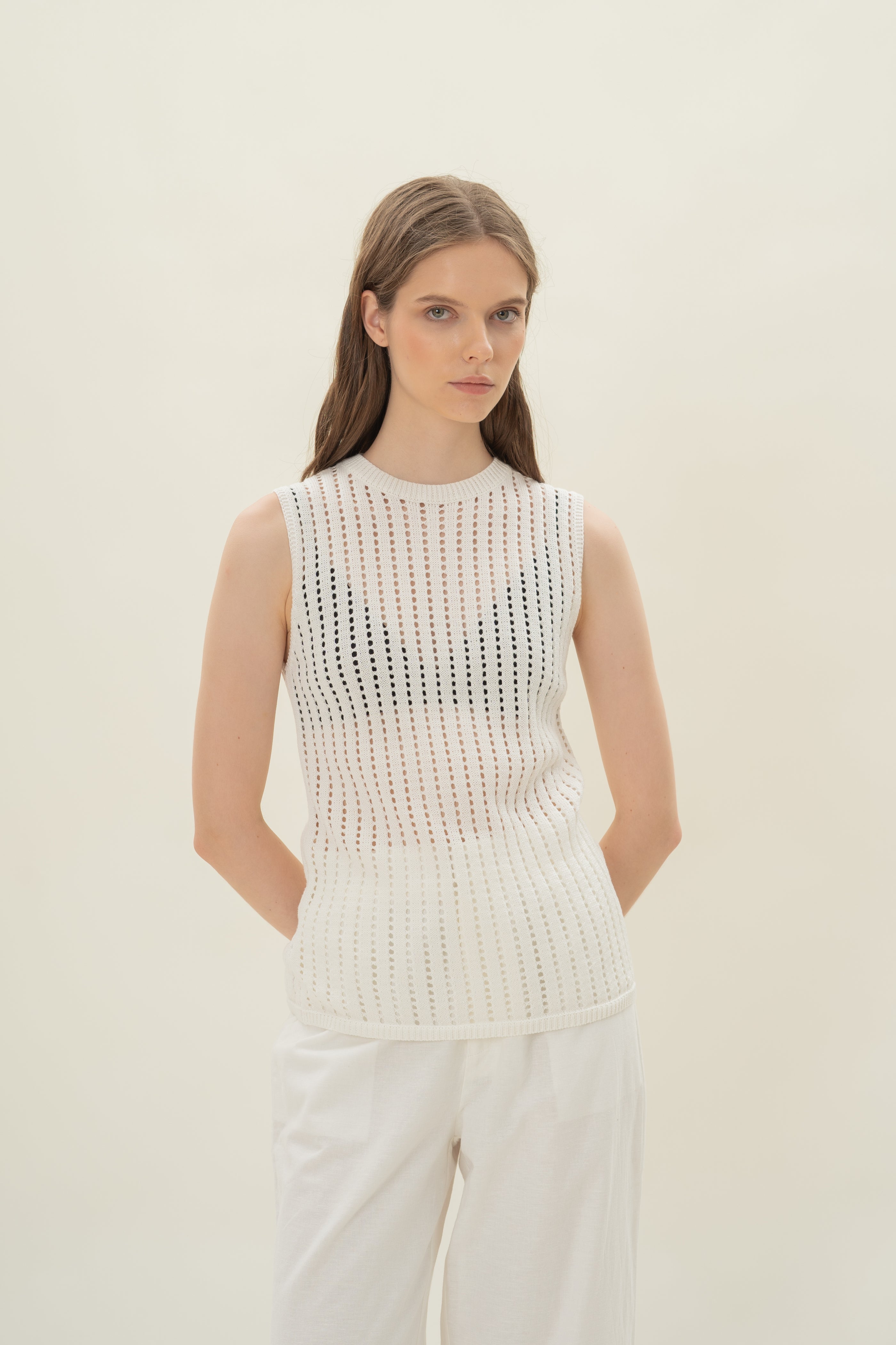 Open Knit Sleeveless Top in White