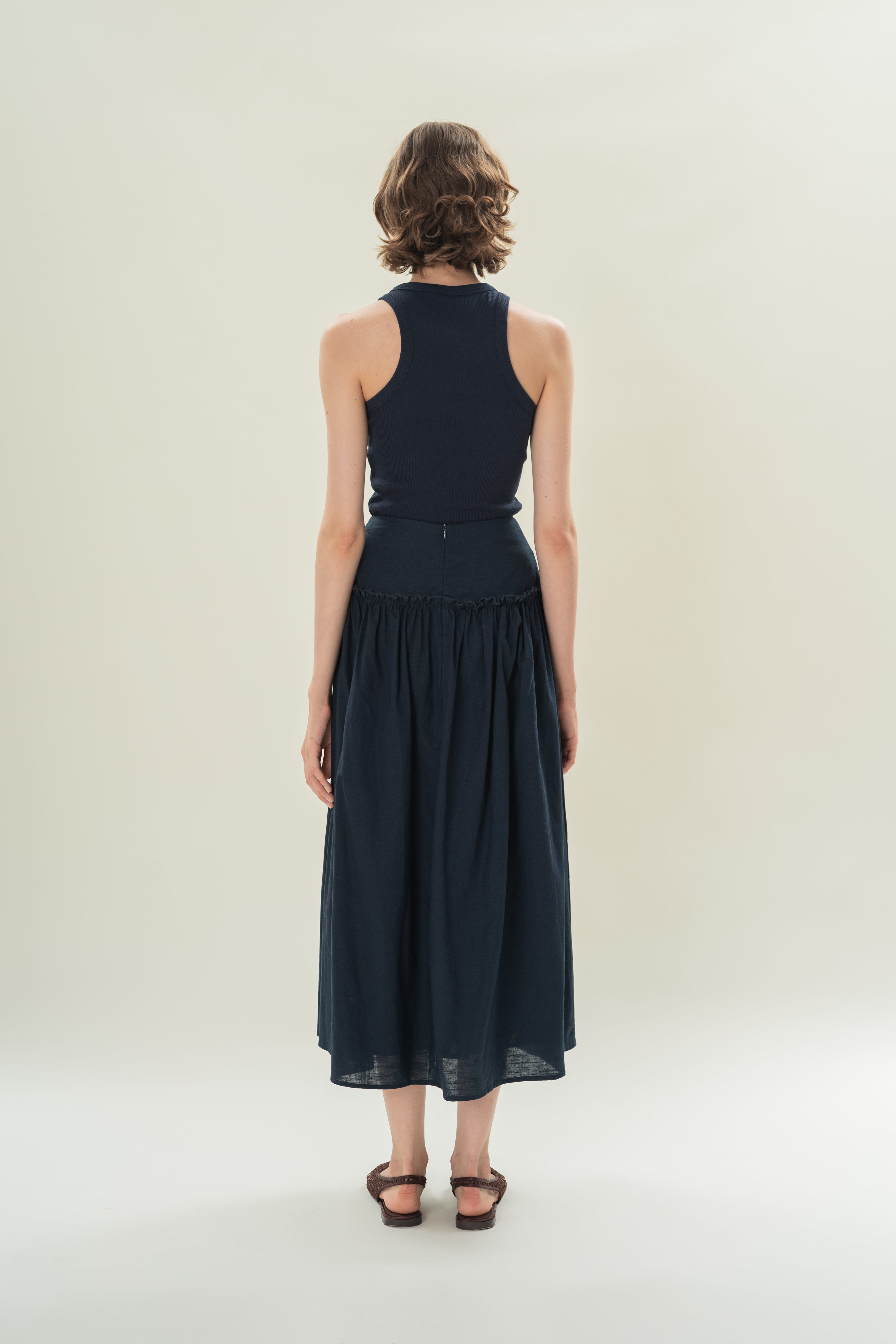 Gathered Panel Skirt With Ruffles in Midnight